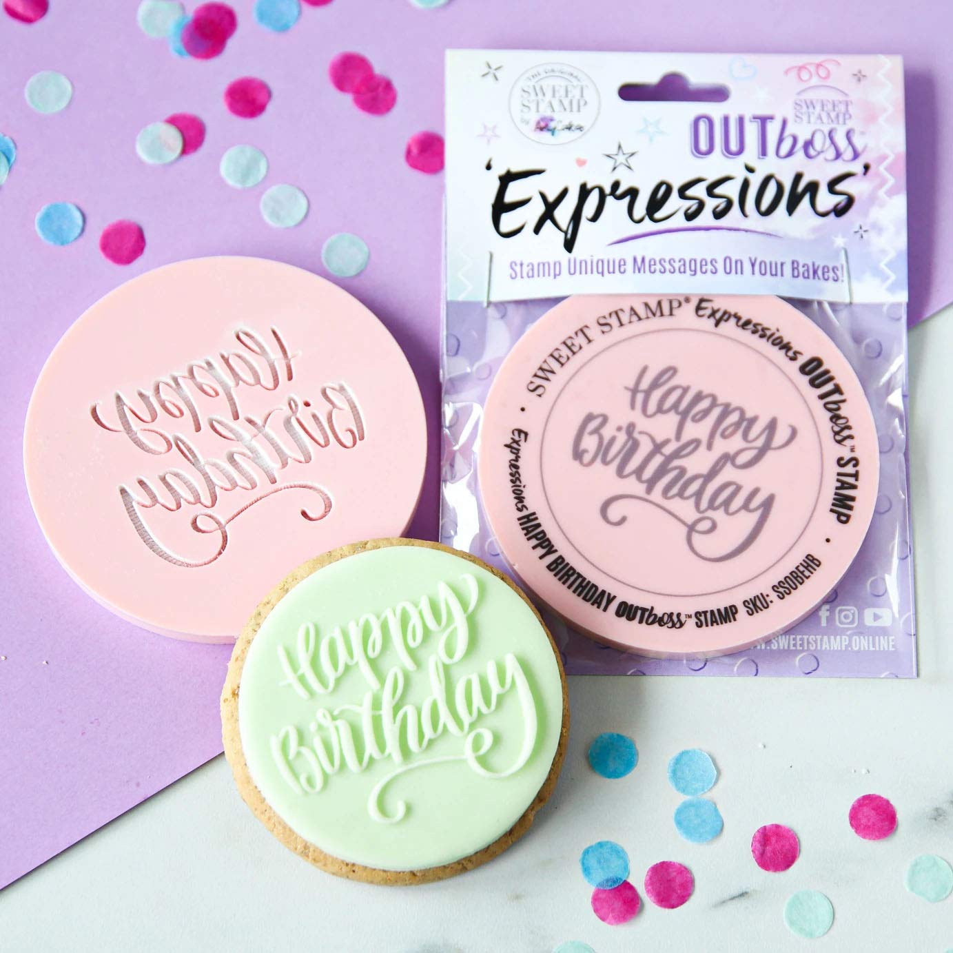 Sweet Stamp By Amycakes Outboss Plastic Expression Stamp, Elegant Happy Birthday