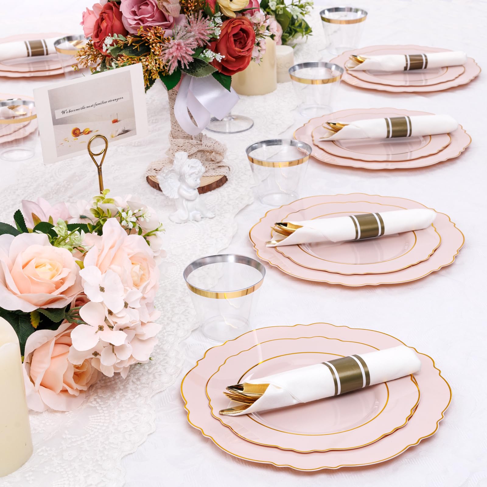 Liacere 350Pcs Pink Plates Disposable - Pink And Gold Plates 50Guest Baroque Plastic Dinnerware Include 100Plates, 50Pack Pre Ro