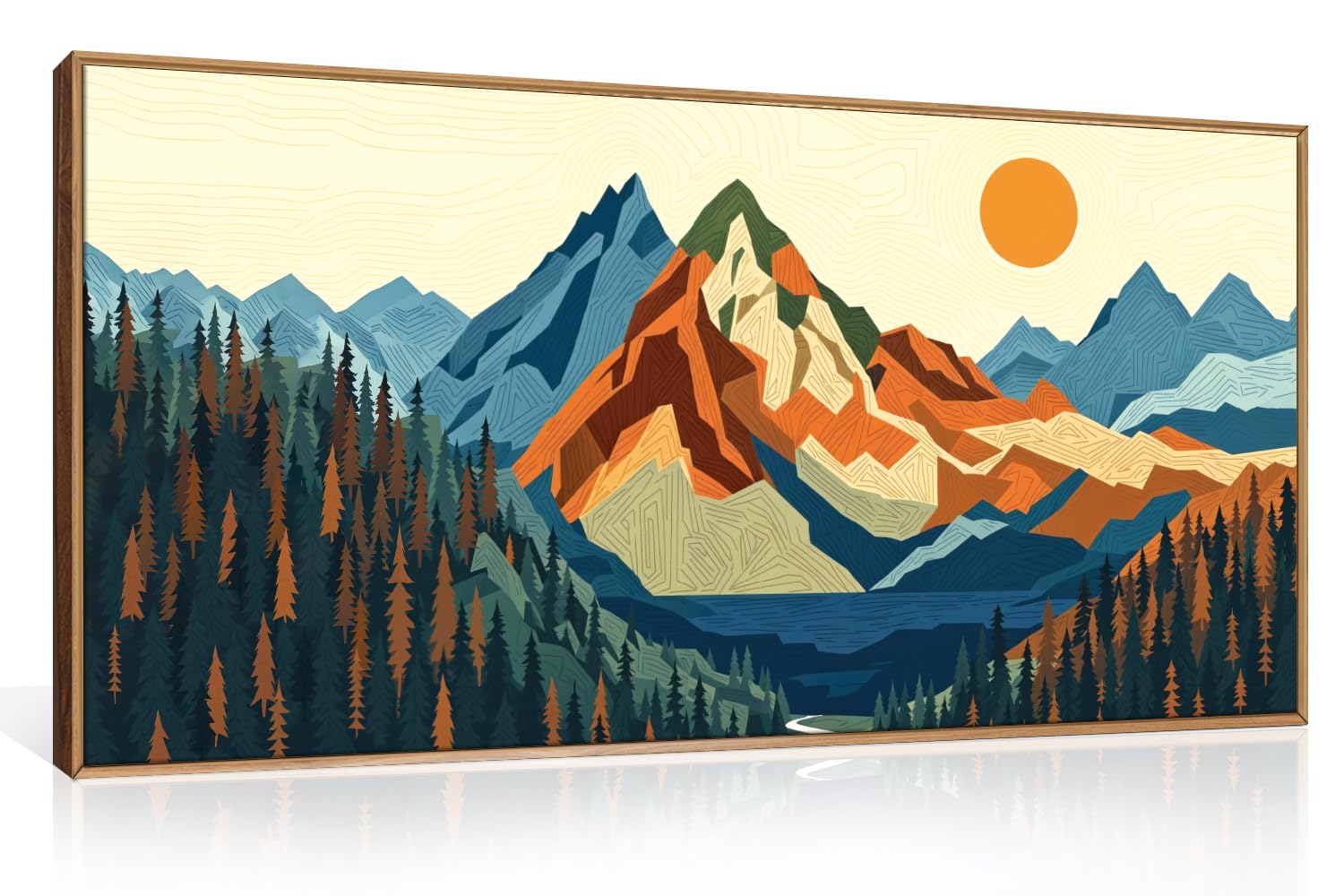 Fwiexa Boho Mountain Framed Canvas Wall Art Set, Abstract Forest Pine Tree Wall Decor, Nature Landscape Artwork, Retro Lake Suns