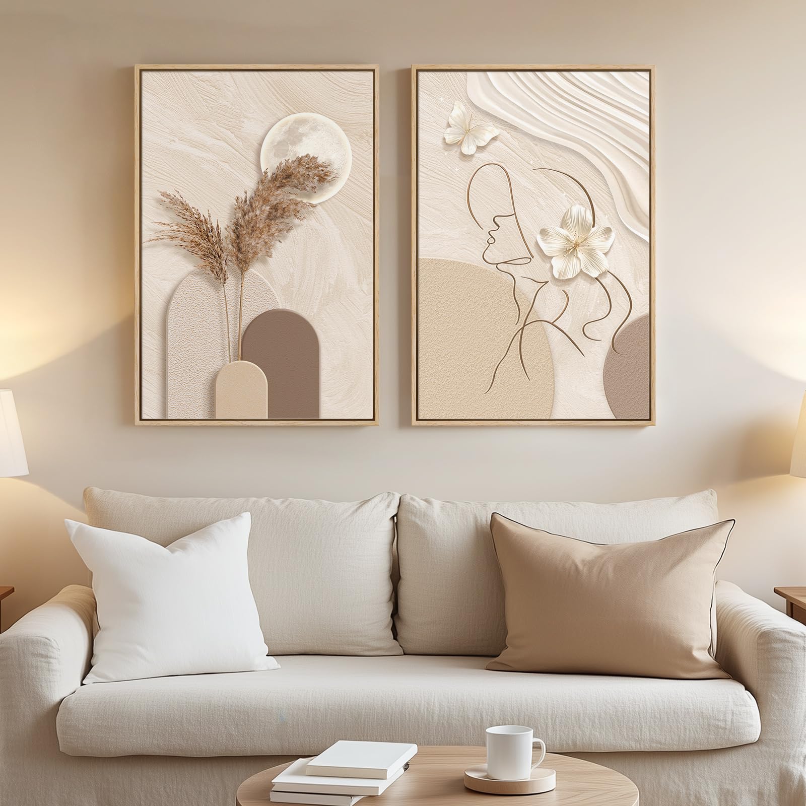 Framed Neutral Abstract Wall Art, Set Of 2 Piece Beige Brown Canvas Prints Paintings Artwork For Walls, Elegant Woman Silhouette