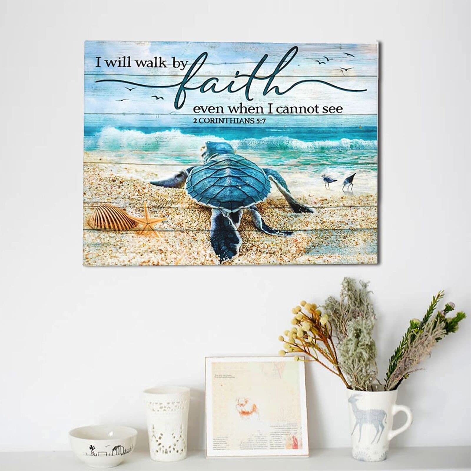 Tourrest Scripture Holy Bible Wall Art Teal Sea Turtle Walk By Faith Canvas Print Quotes Framed Artwork Blue Ocean Beach Coast S