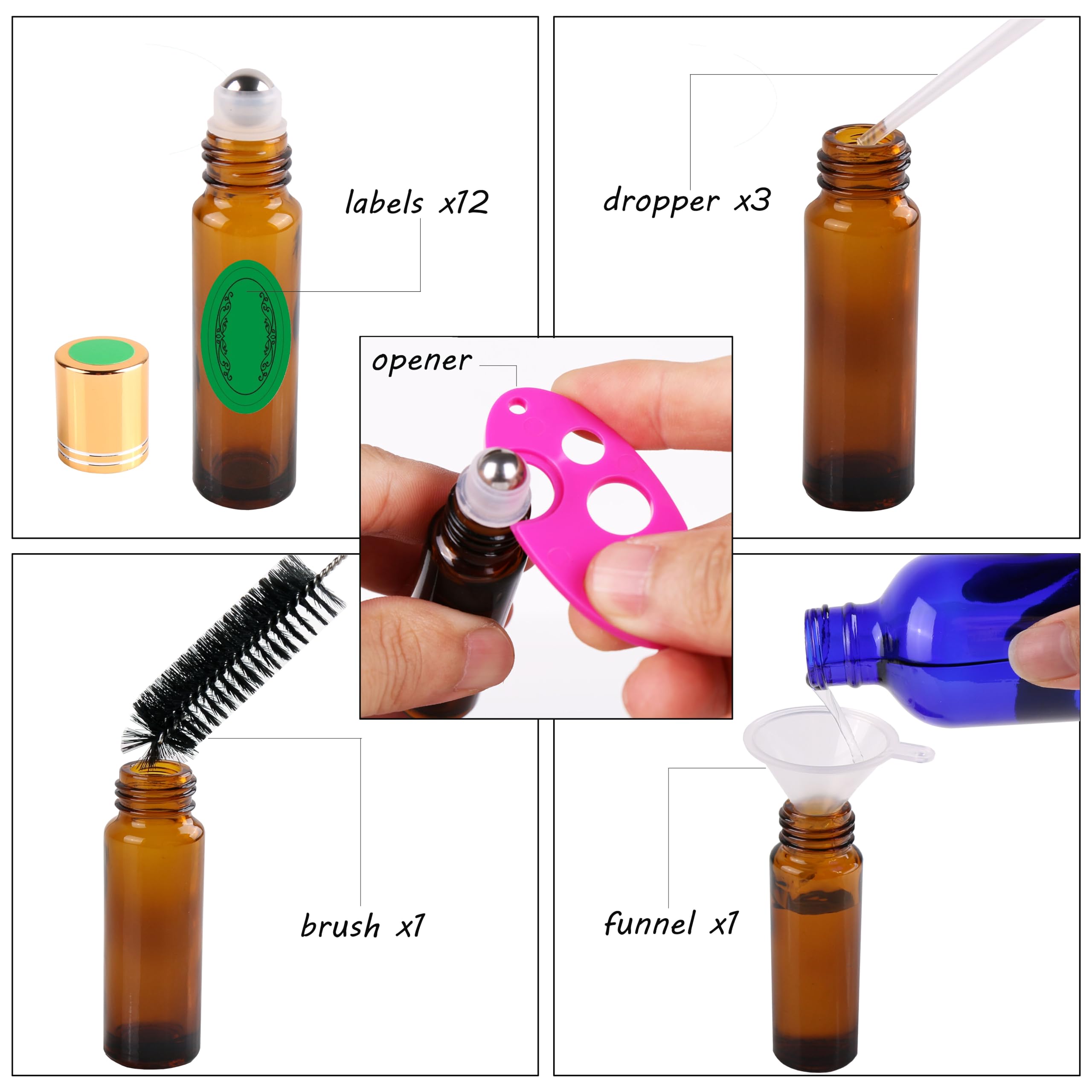 Inice 12 Pack Essential Oil Roller Bottles Amber Glass Rollerballs For Essential Oils Refillable Roll On Perfume Bottles With Al