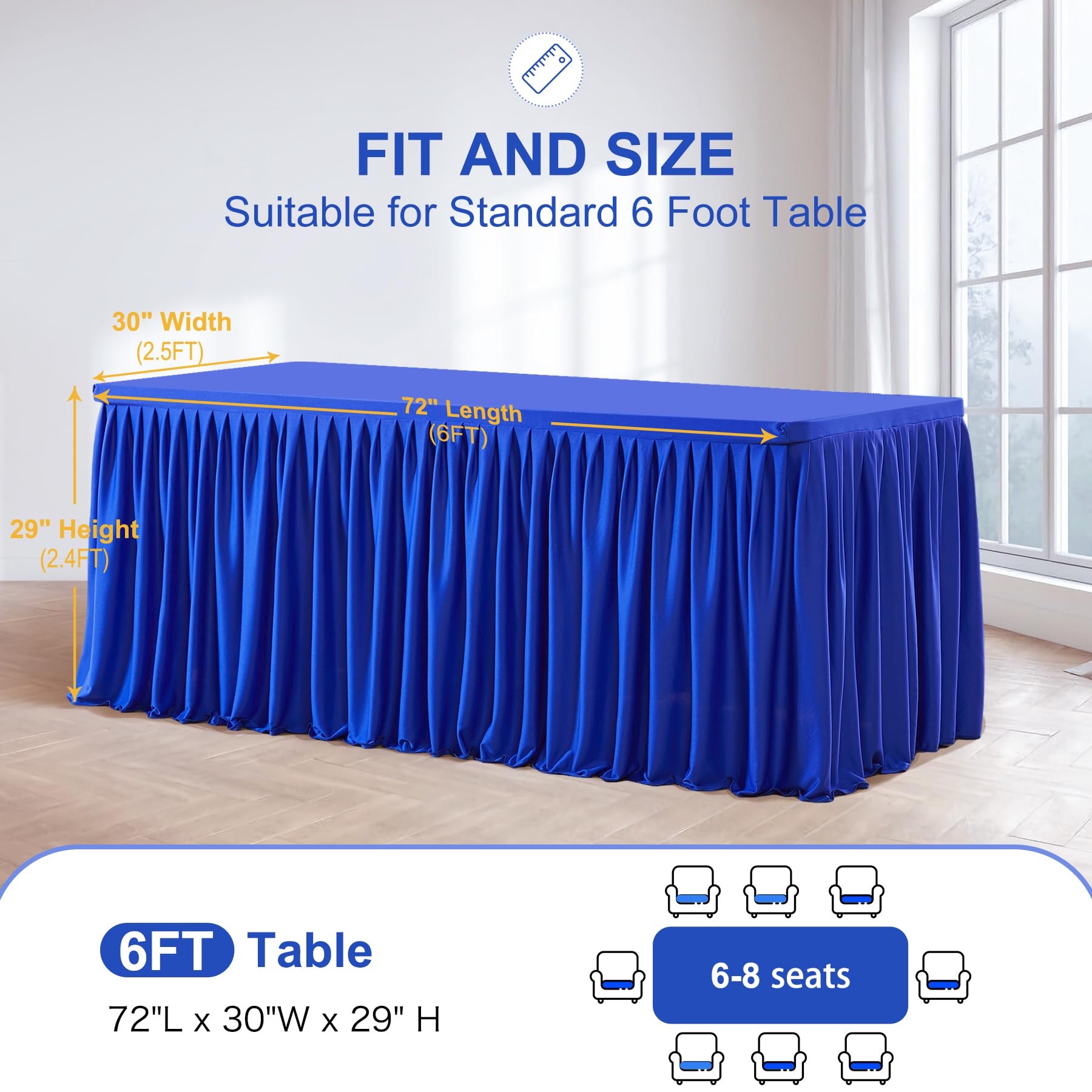 Royal Blue Polyester Table Clothes For 6 Foot Rectangle Tables, Wrinkle Free Fitted Table Cover With Pleated Ruffle Table Skirt