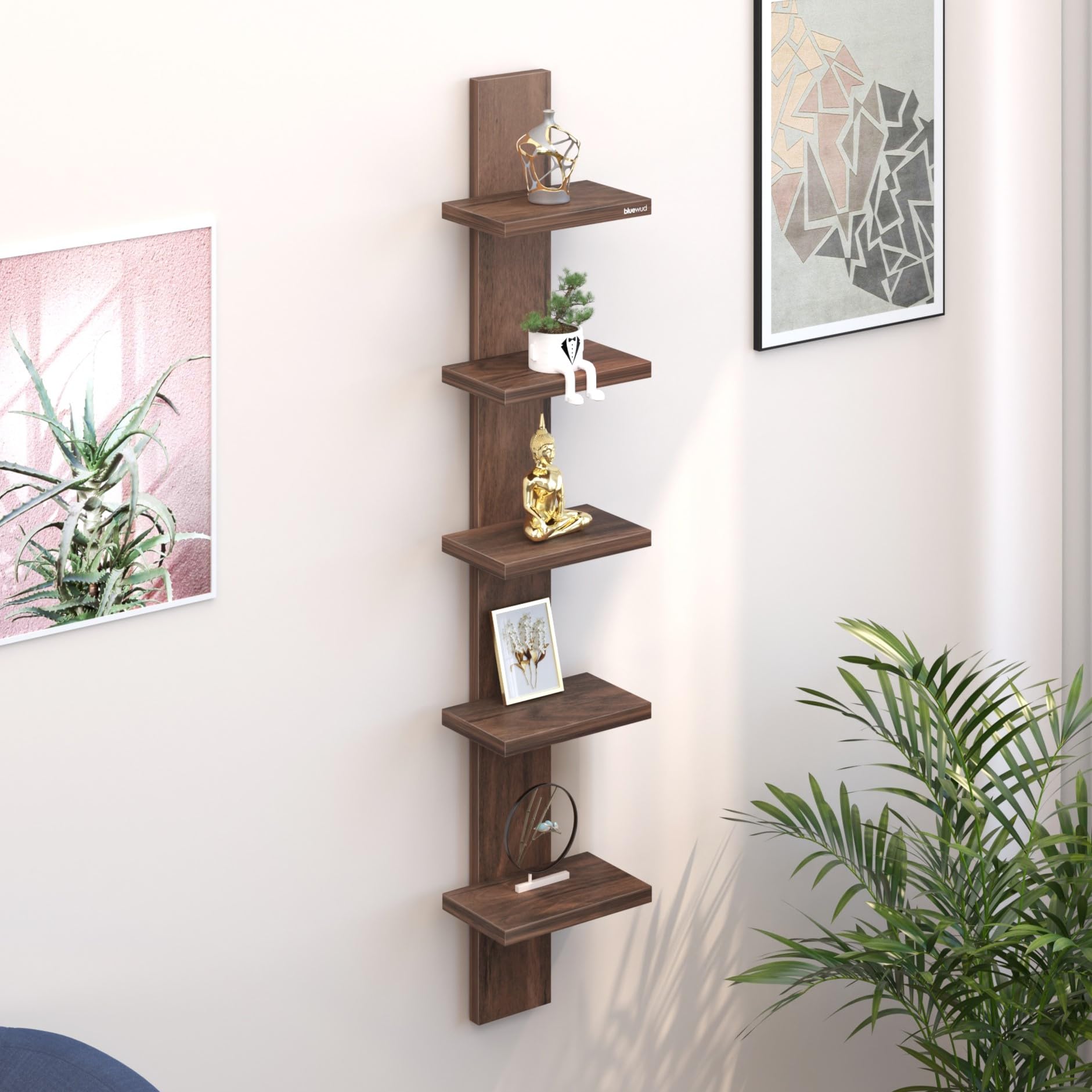 Bluewud Louis Engineered Wood Wall Decor Floating Shelf Display Rack Decorative Hall Dcor For Living Room Home Furniture 5 Shelv