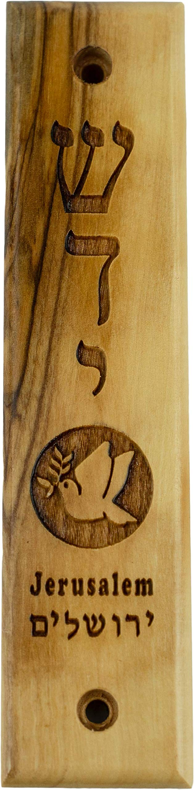 Olive Wood Mezuzah with Scroll, Shaddai & Dove with Olive Branch, Made in Israel, Religious Home D  cor for Door & Wall, Include