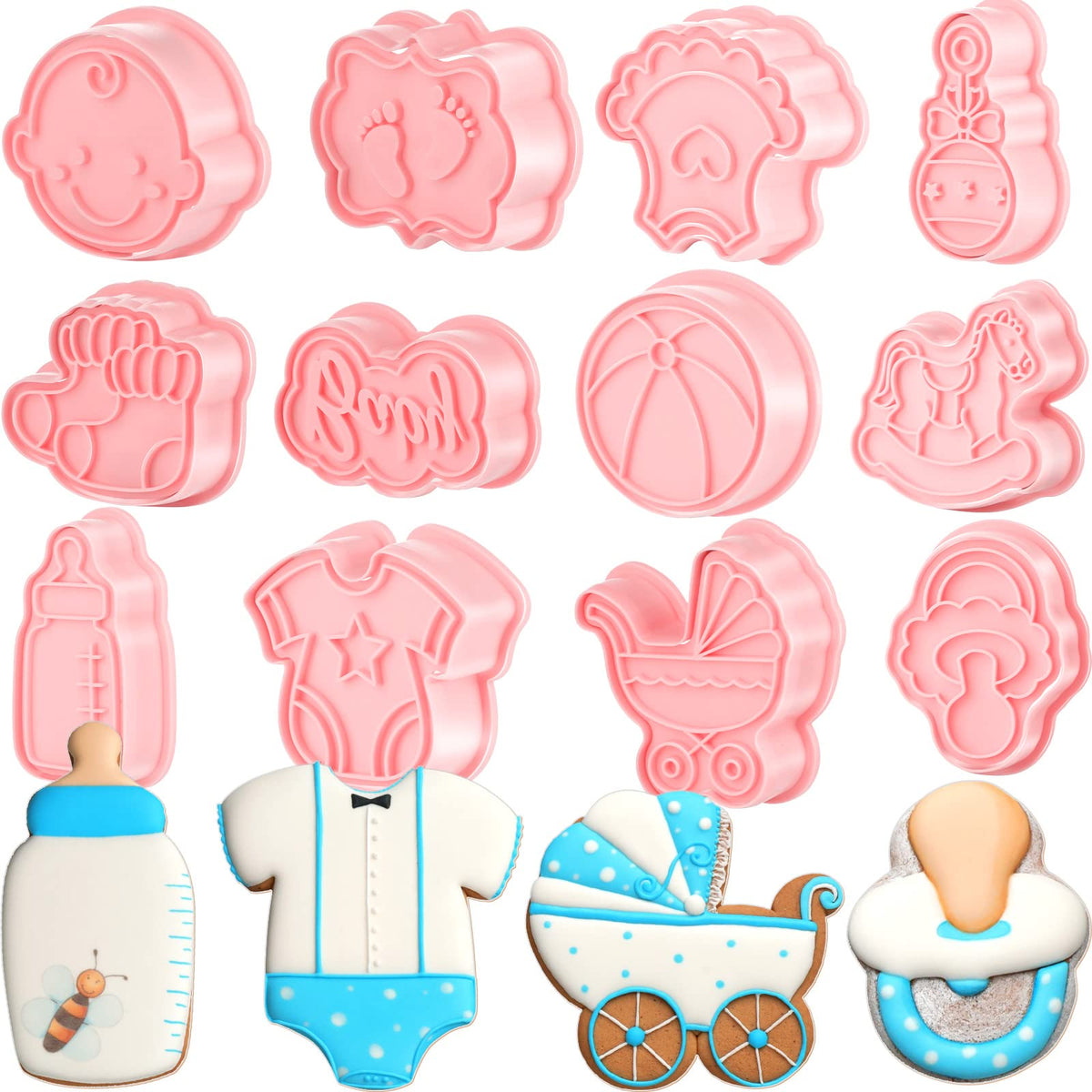 Jinei 16 Pcs Baby Shower Cookie Cutters Kids Cookie Cutter With Plunger Stamps Diy Fondant 3D Stampers Molds For Baking Biscuit