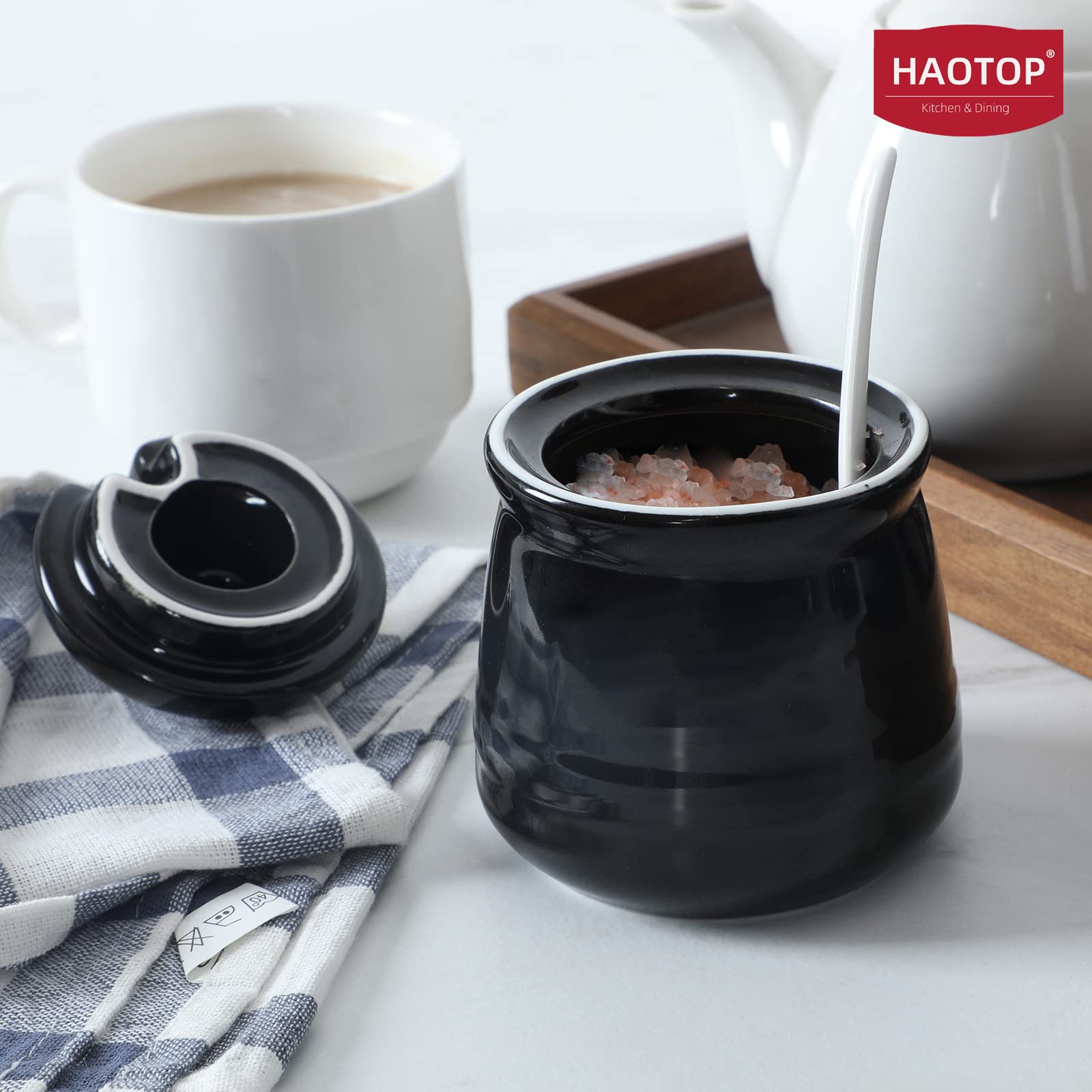 Haotop Porcelain Salt Bowl With Lid And Spoon,Ceramic Sugar Bowl 12Oz (Black)