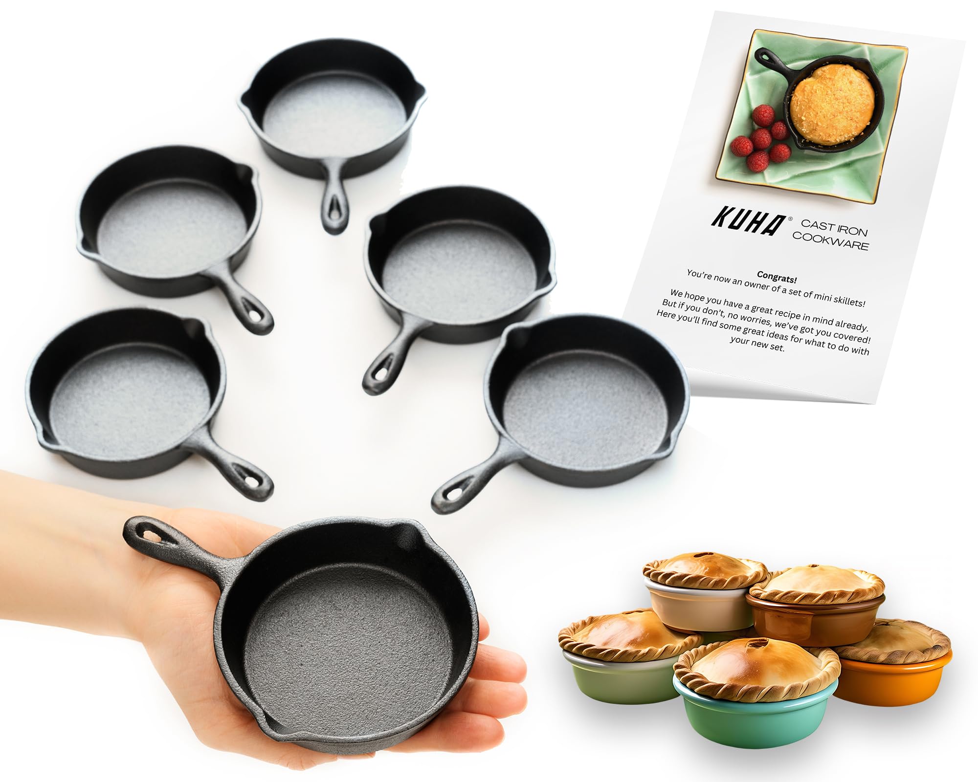Kuha Mini Cast Iron Skillets 4    (Pack Of 6) - Black Non Stick Frying Pans With 6 Small Silicone Trivets And Scraper - Set Of M
