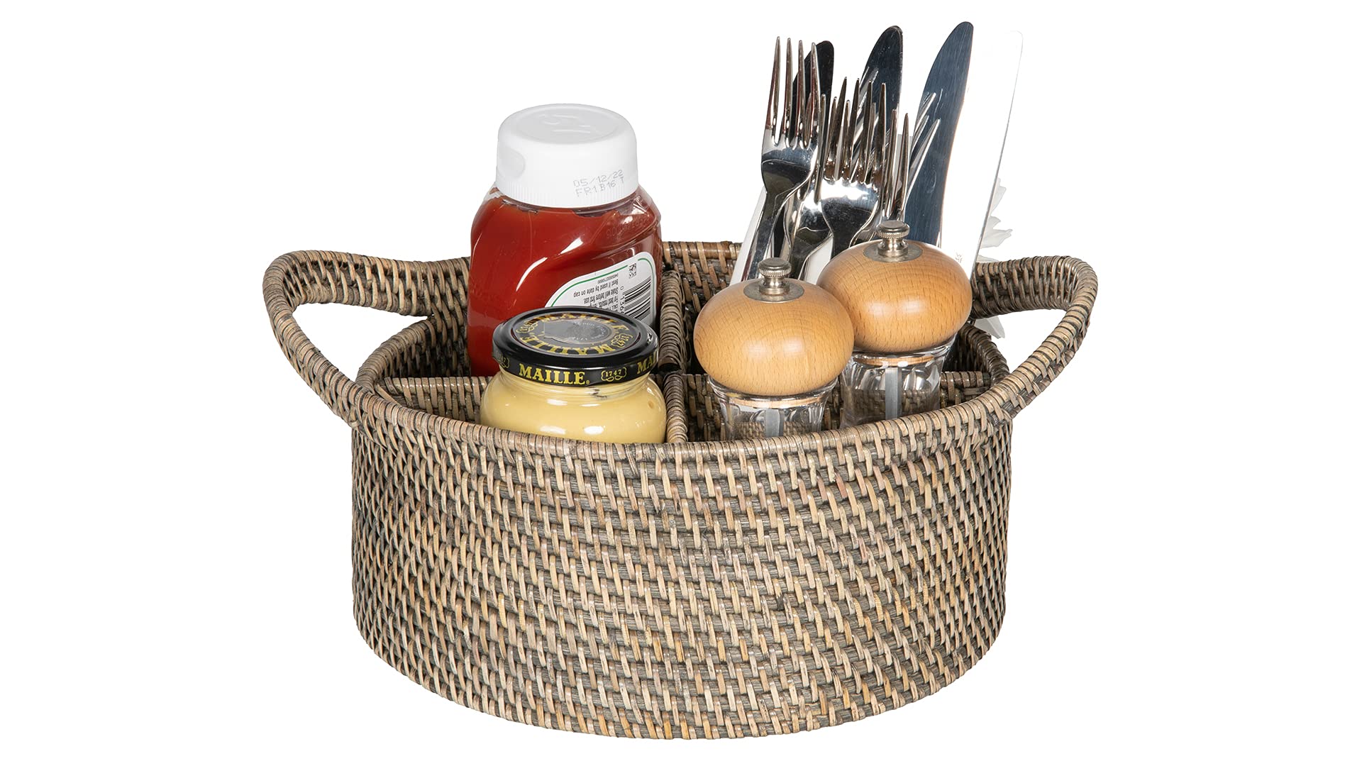 Kouboo 1020055 Laguna Oval Rattan Utensil Caddy, Black Antique, Brown-Gray Wash