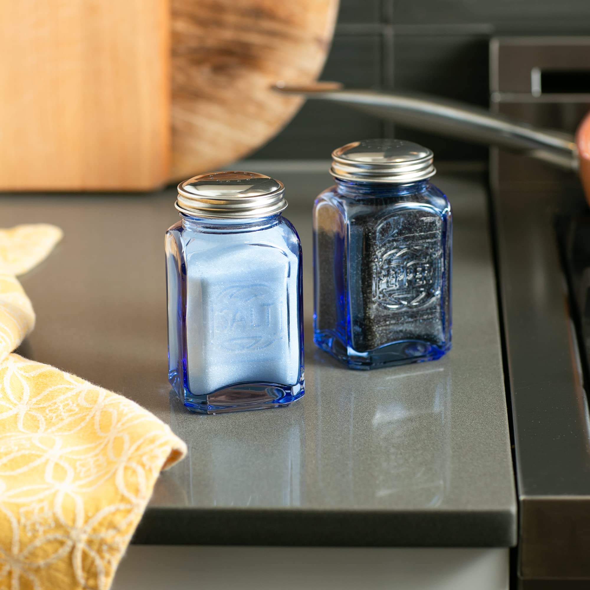 RSVP International Jumbo Retro Glass Salt & Pepper Shakers, 8 oz, Blue, Stainless Steel Lid, Model 8015, 2.25x2.25x4.6 inches