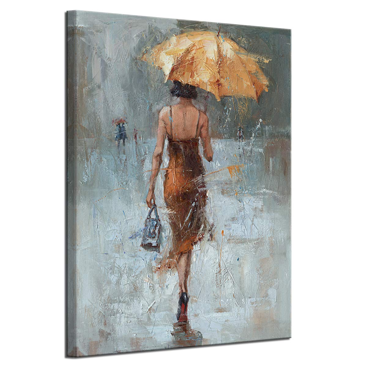 Canvas Wall Art Girl Umbrella With Khaki Dress Walking In Street Rain Modern Painting Abstract Artwork For Office Home Decor