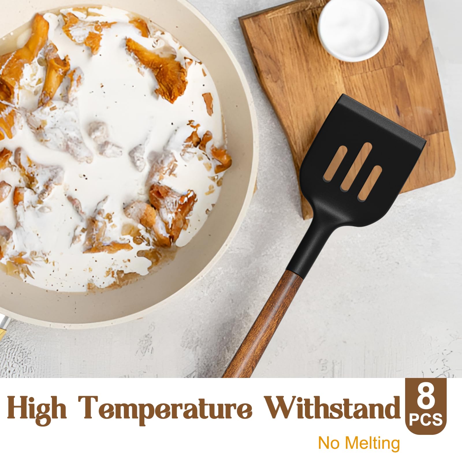 Silicone Cooking Utensil Set, Umite Chef 8-Piece Kitchen Set With Natural Acacia Wooden Handles,Food-Grade Silicone Heads-Silico