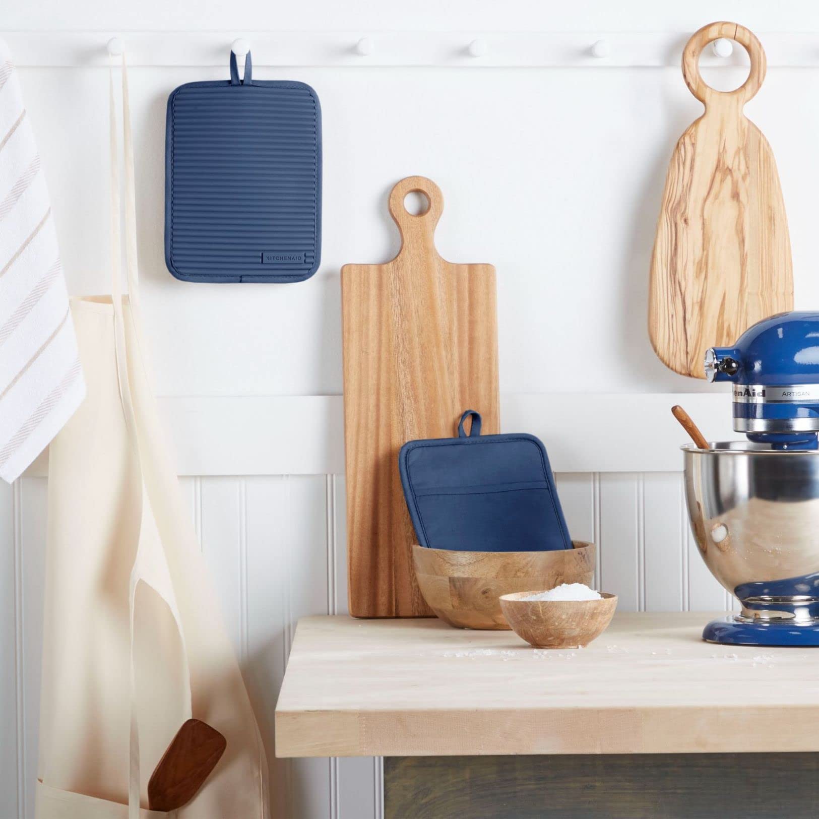 KitchenAid Ribbed Soft Silicone Pot Holder 2-Pack Set, Blue Willow, 7x9