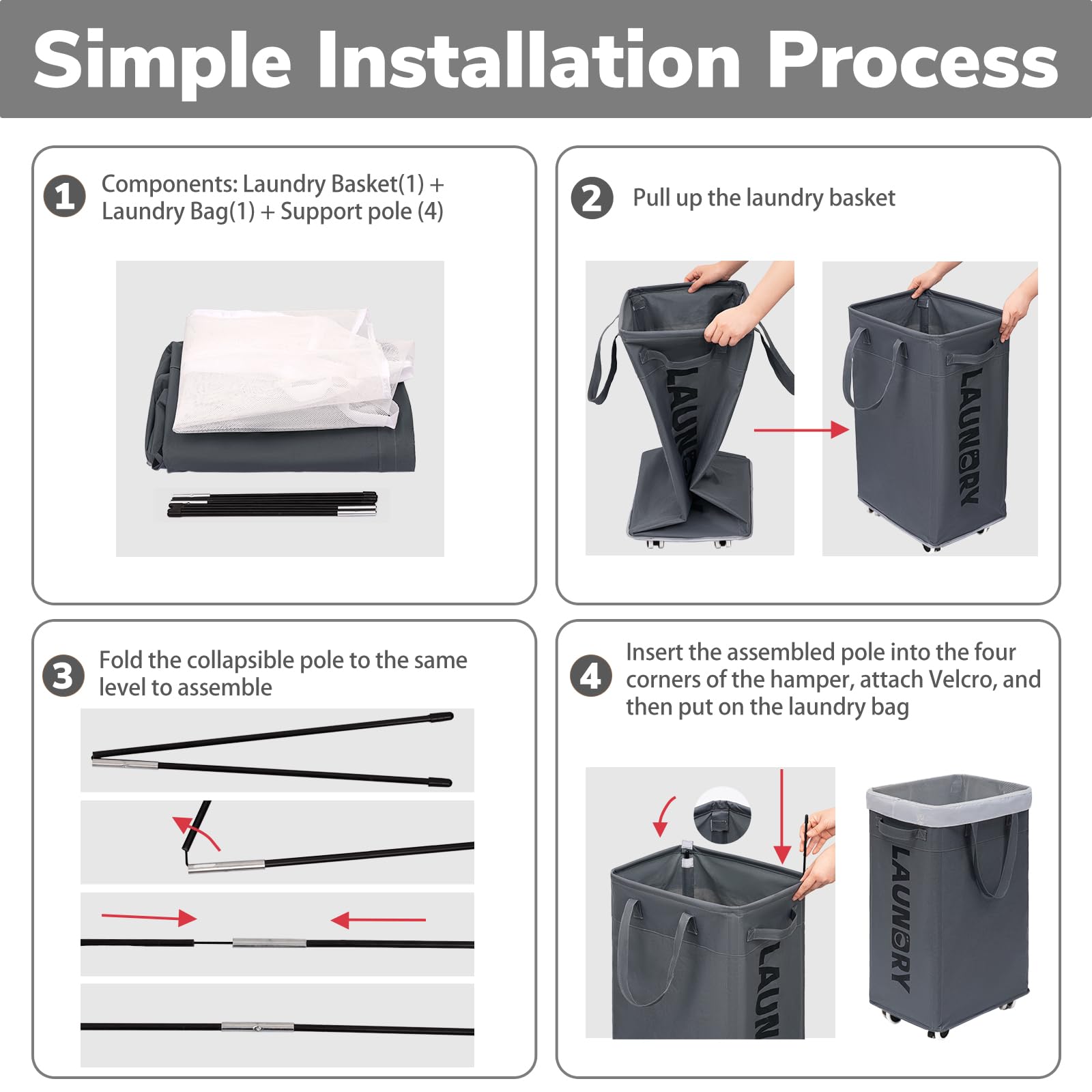 Chicvita Hamper With Wheels 2-Pack, 75L Large Laundry Baskets With Removable Wash Bags, Foldable Laundry Baskets With Slim Desig