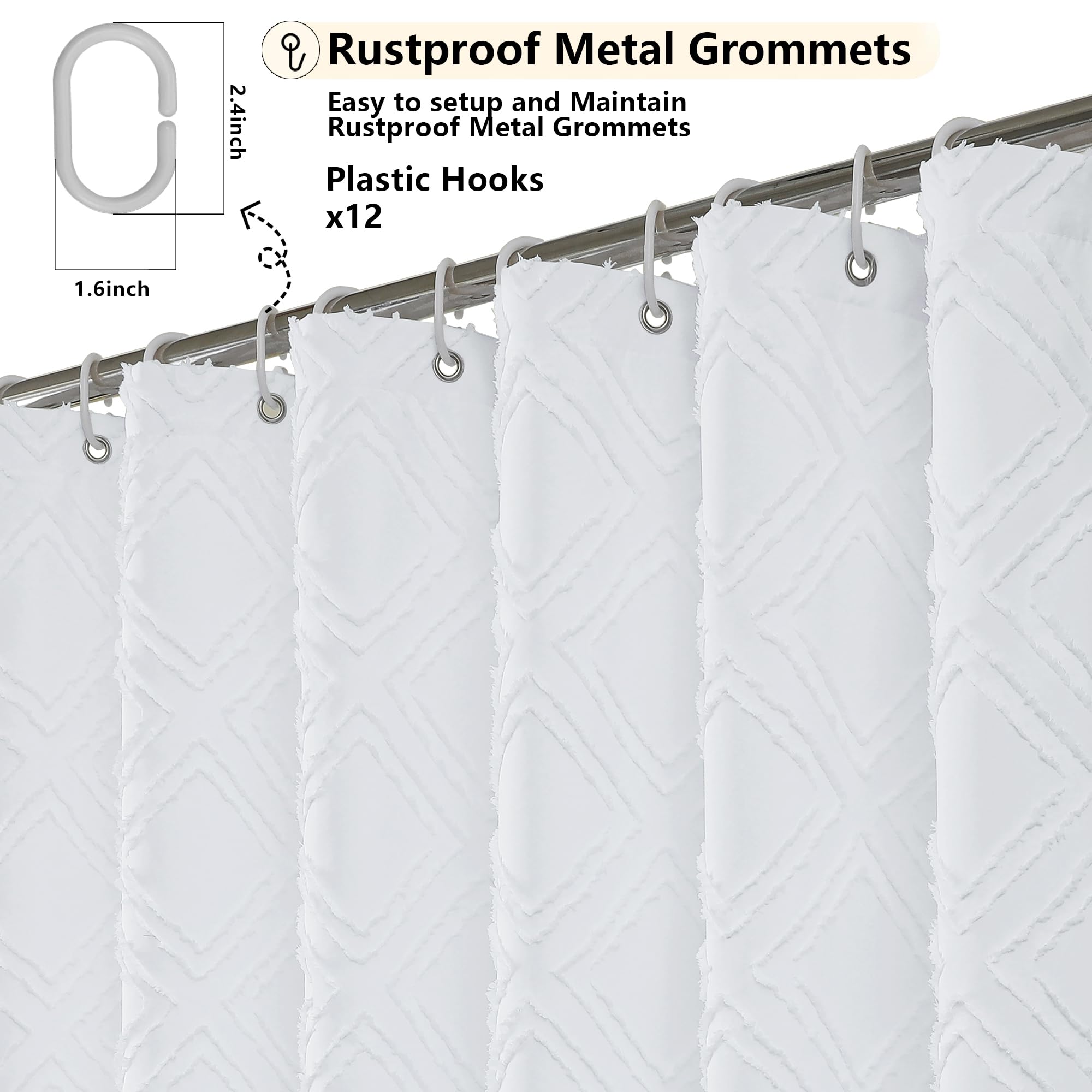 Owenie White Shower Curtain Set, Jacquard Geometric Textured Fabric Boho Shower Curtains For Bathroom, Soft Hotel Style Farmhous