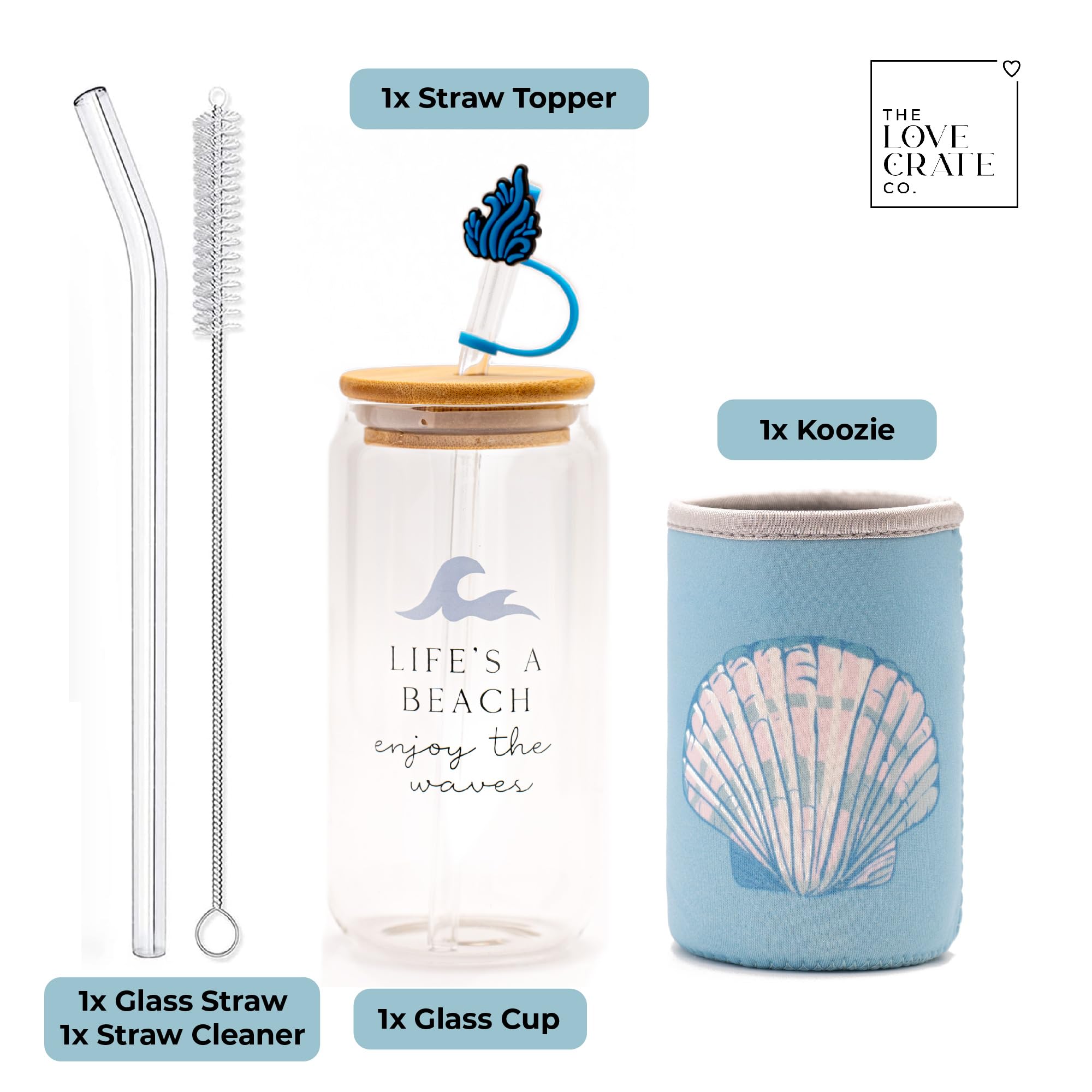 The Love Crate Co. Ocean Gifts for Women - Glass Tumbler with Lid and Straw, Customized Straw Stopper and Cup Sleeve, Aesthetic