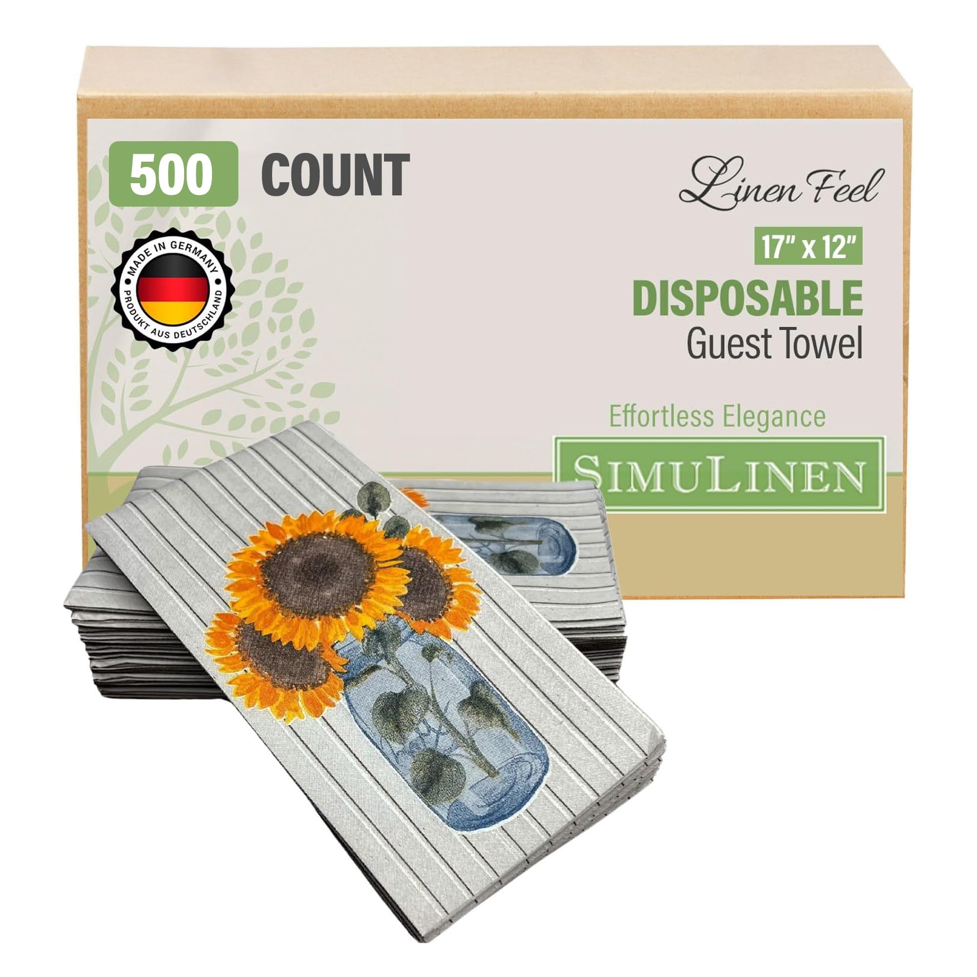 SimuLinen Decorative Sunflower Disposable Bathroom Guest Towels - Cloth-Like, Single-Use, Linen Feel Paper Towels, 12x17, 500ct 