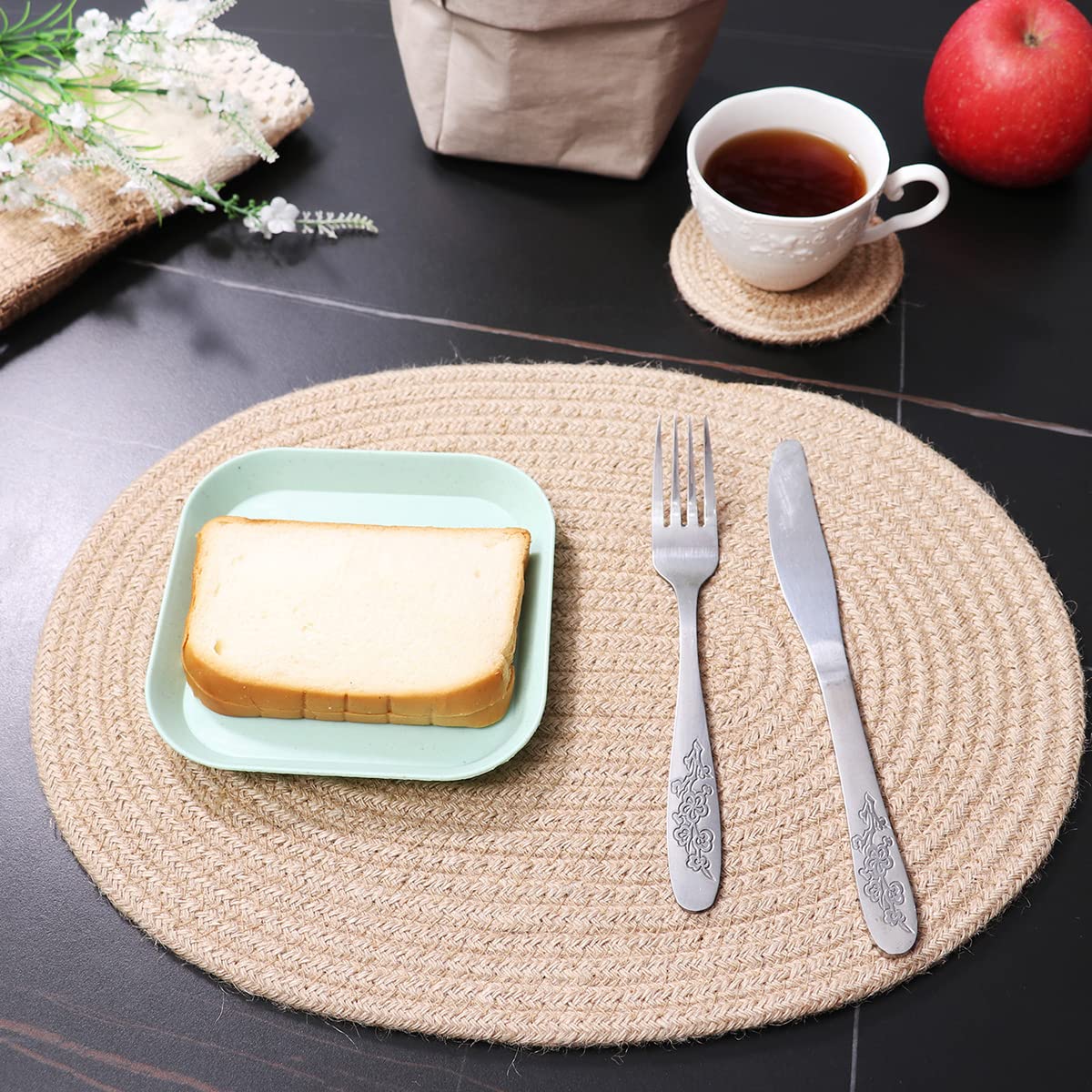 Wenfome 4 Pack Oval Jute Woven Placemats And Set Of 4 Round Fabric Coasters, Cotton Braided Placemats Set, Dining Table Mat, Hea