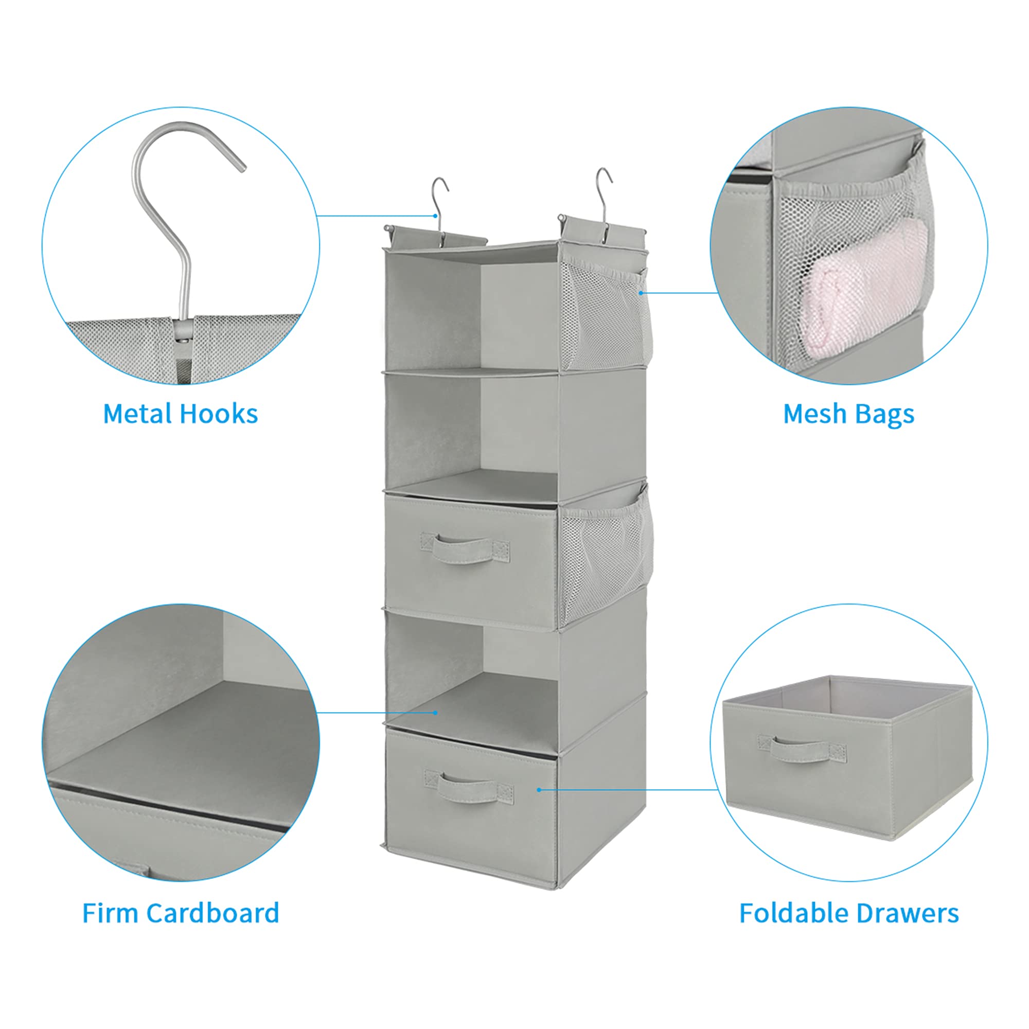 Max Houser 5 Tier Shelf Hanging Closet Organizer, Cloth Hanging Shelf With 2 Sturdy Hooks For Storage, Foldable (Light Grey-D2)