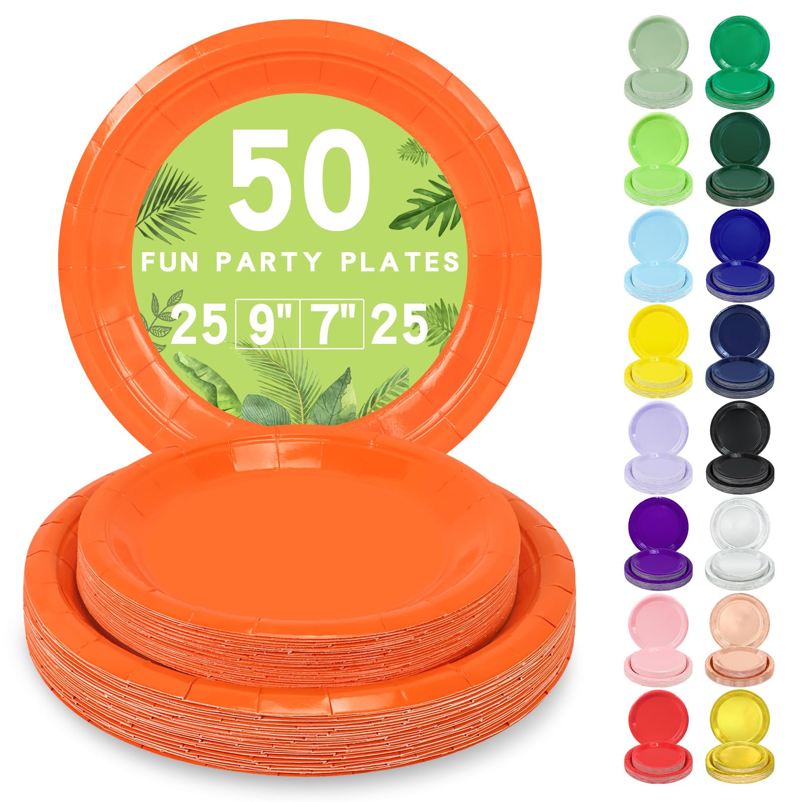 LANLISA 50 Orange Paper Plates Disposable Set Includes 25-9 & 25-7 Disposable Dessert Cake Paper Plates for Party Supplies