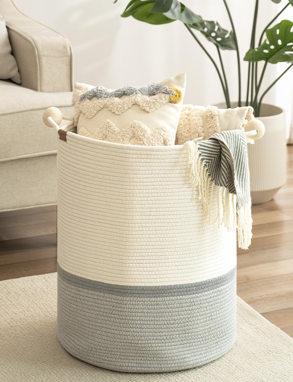 Storageworks 72L Cotton Rope Laundry Basket With Wooden Beads Handles, Woven Basket For Storage, Dirty Clothes, Kids Toys, Towel