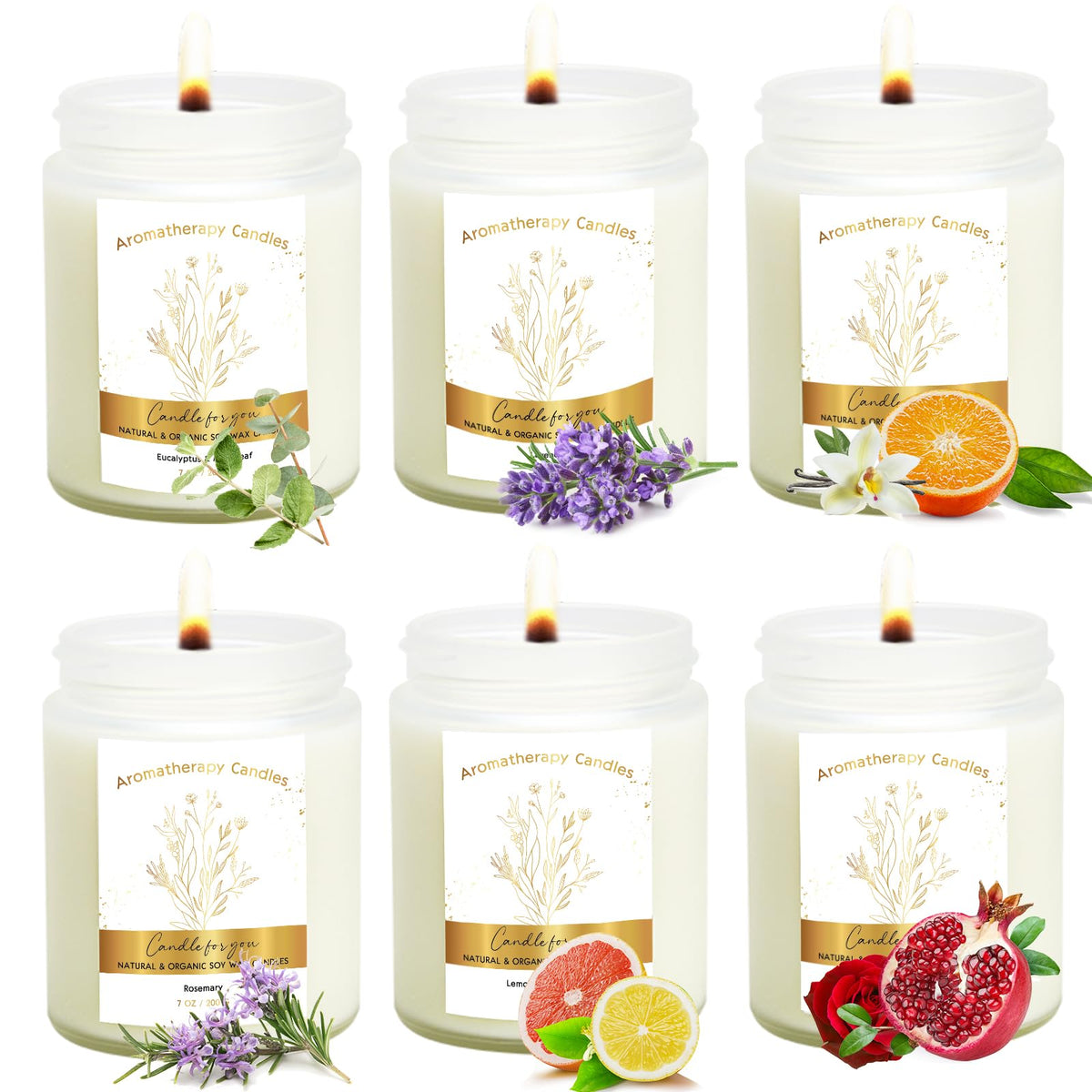 Fixwal 6 Pack Strong Scented Candles Set, 7oz Soy Candles with White Jar for Home Scented Aromatherapy Soy Wax Glass Jar Candles