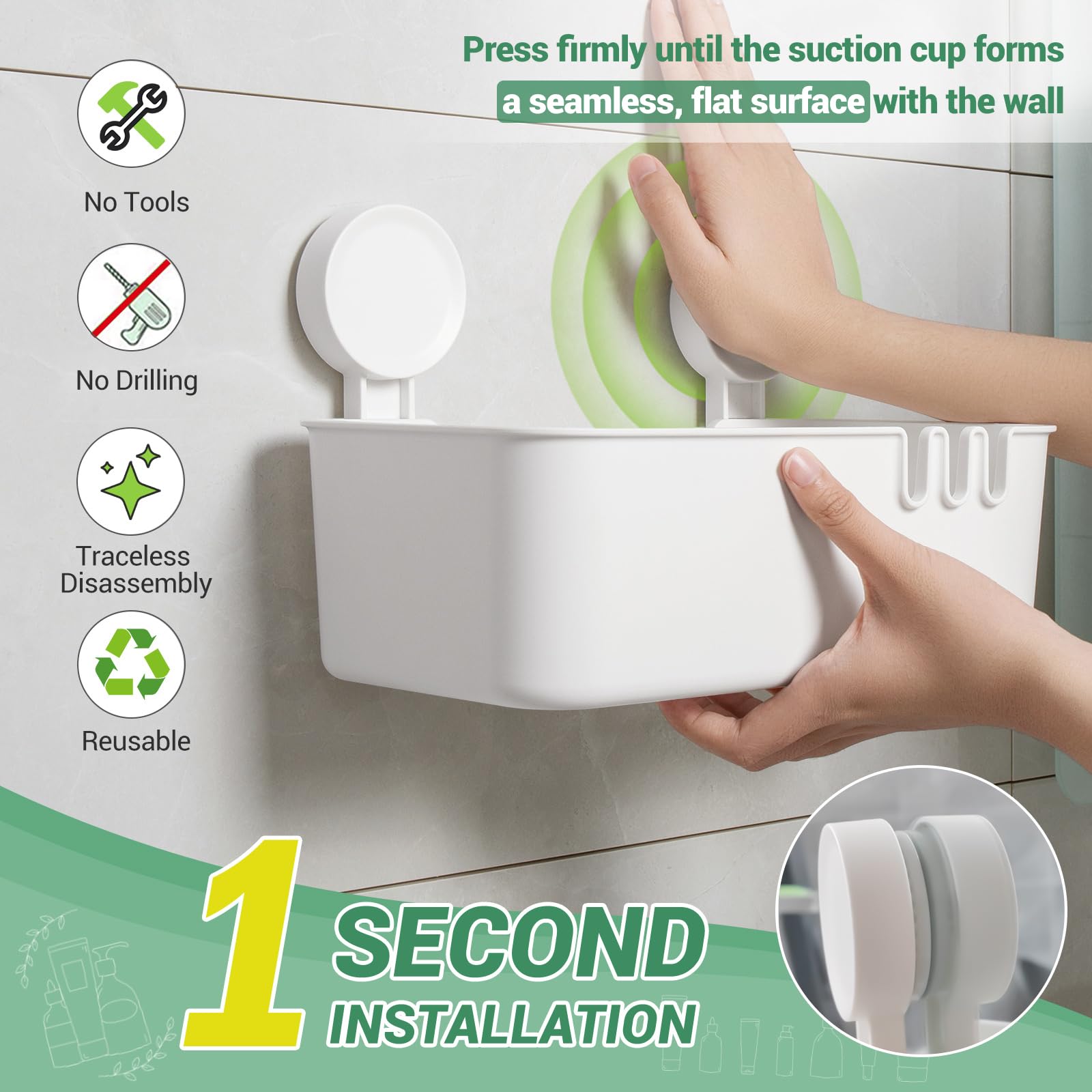 Luxear Suction Cup Shower Caddy - 3 Pack No-Drilling Suction Shower Organizer - 1S Installation Removable Powerful Waterproof Su