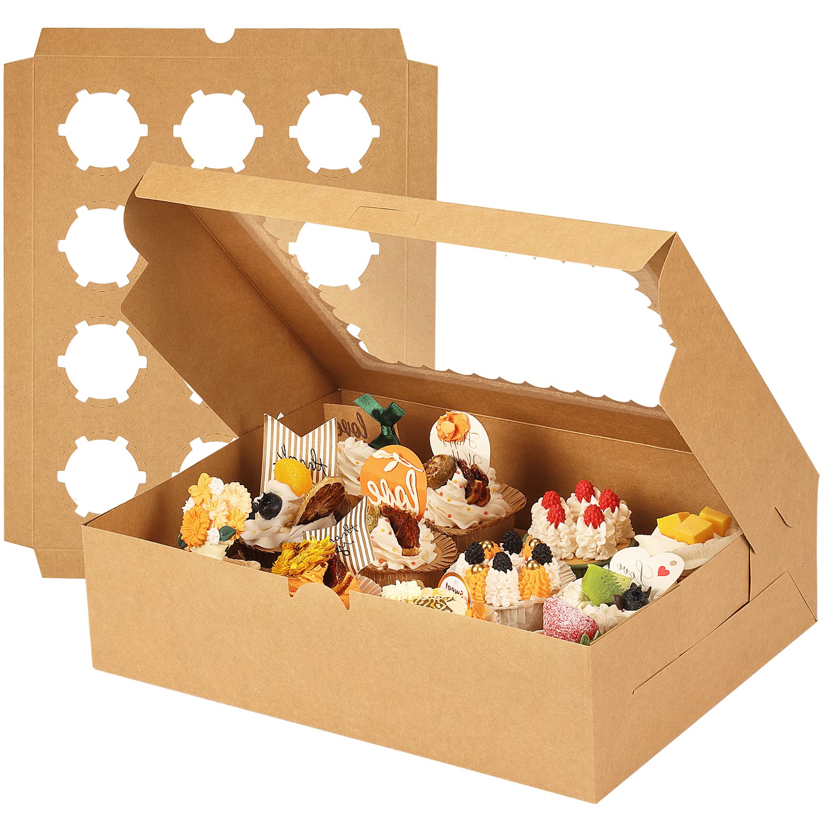 Moretoes Cupcake Boxes 34 Pcs Brown Cupcake Containers 12 Count Kraft Bakery Carrier Boxes With Windows And Inserts To Hold Cupc