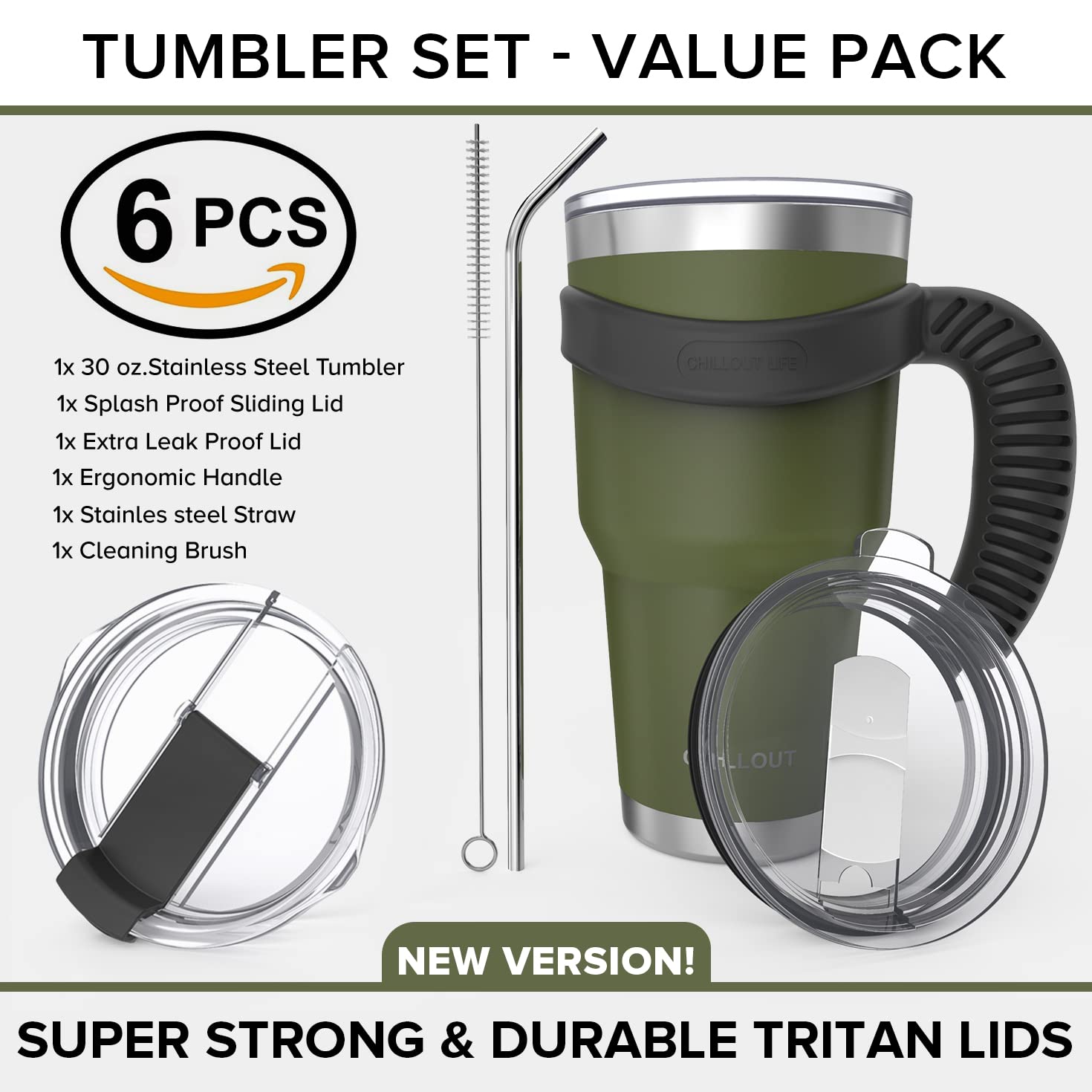 Chillout Life Stainless Steel 30 Oz Travel Mug - 6 Piece Set Tumbler With Handle, Straw, Cleaning Brush & 2 Lids. Double Wall In