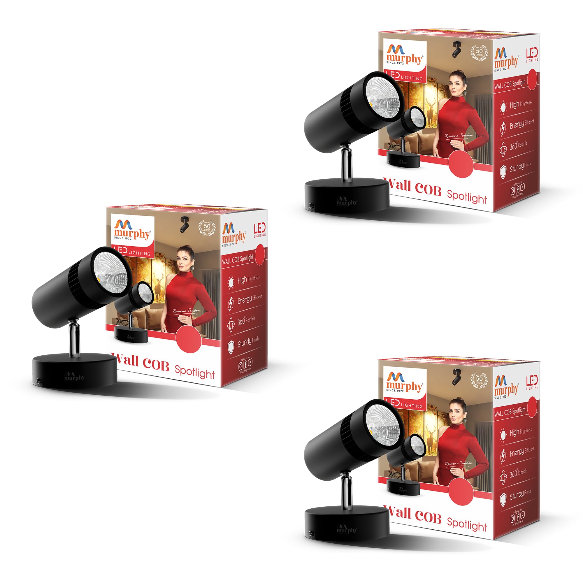 Murphy 10W Adjustable Black Aliminum Led Wall Cob Surface Mounted Spot Light With 2 Years Warranty (Warm White, Pack Of 3)