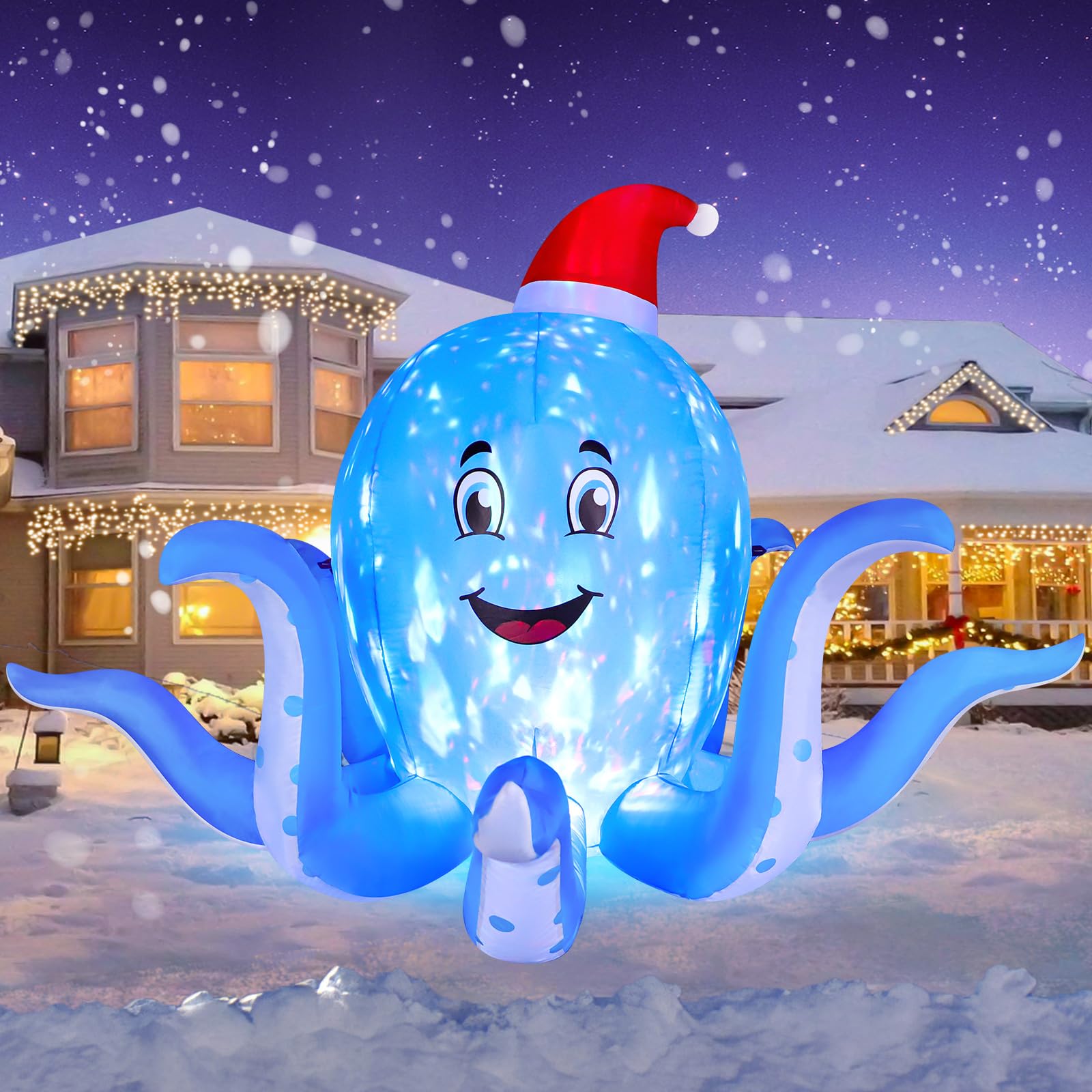 FunFanso 7FT Christmas Inflatable Octopus Outdoor Decorations, Blow up Blue Octopus with Xmas Hat Indoor Decor, Built-in Rotatin
