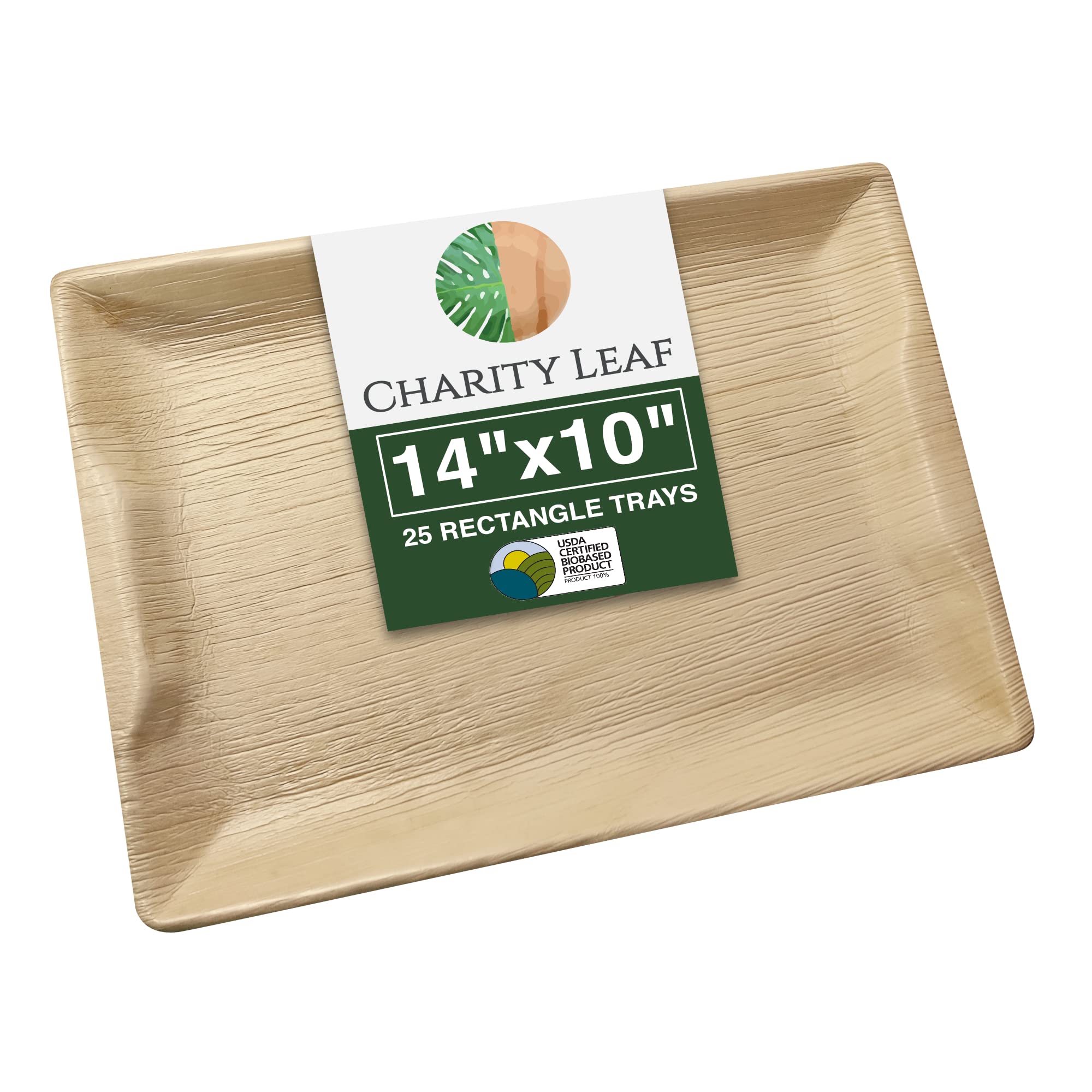 Charity Leaf Disposable Palm Leaf 14'' X 10'' Trays (25 Pieces) Bamboo Like Serving Platters, Disposable Boards, Eco-Friendly Di