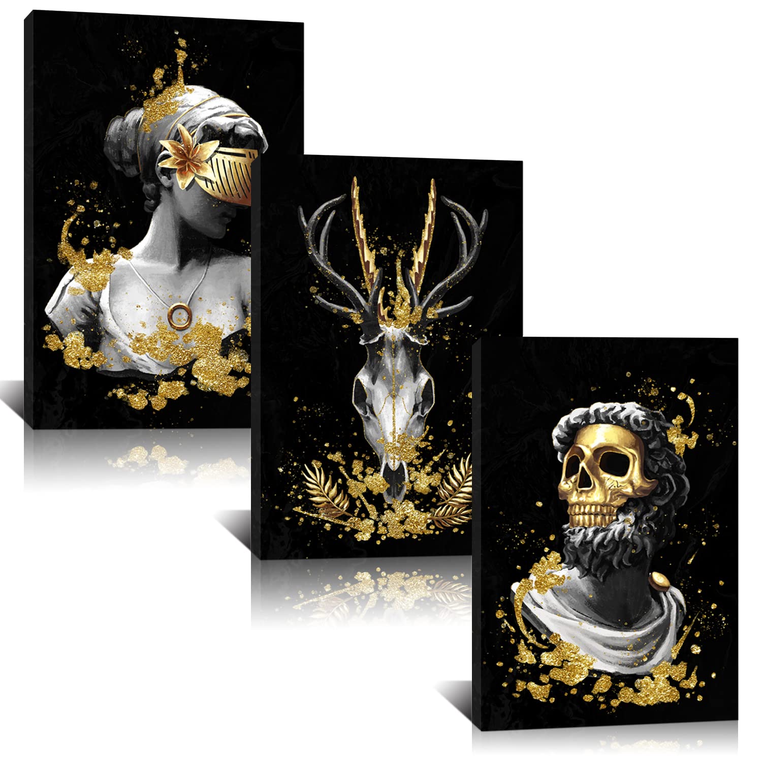 Derkymo 3 Piece Vintage Human Skull Canvas Wall Art Black And White Deer Head Skull Painting Prints Woman Under Gold Mask Pictur
