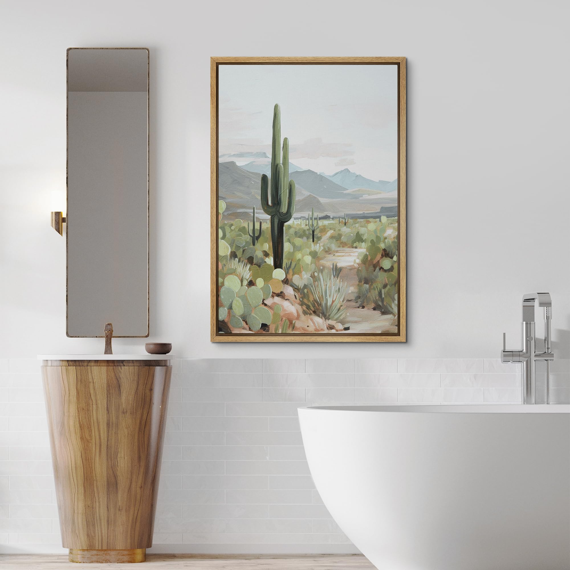 Signford Framed Canvas Print Wall Art Serene Desert Landscape With Tall Cactus Nature Wilderness Illustrations Modern Art Decora