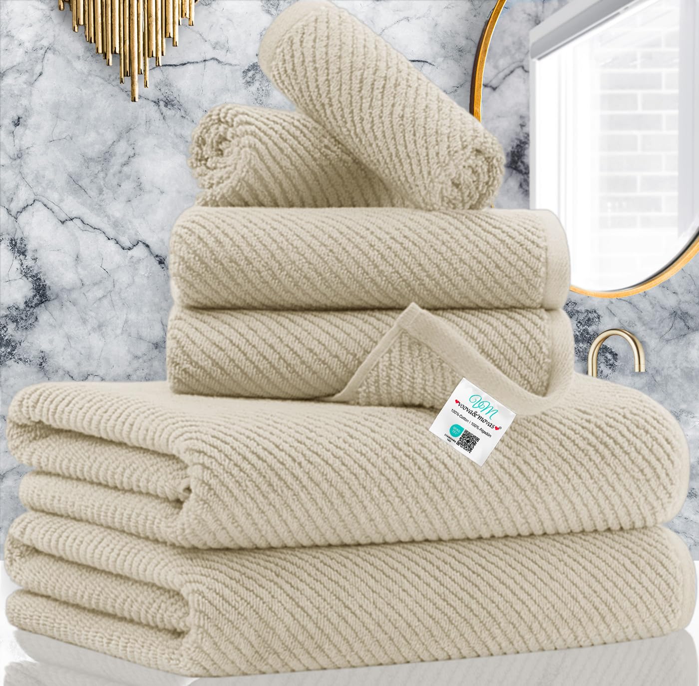 Tan Towels Bathroom Sets - 100% Cotton | Quick Dry | Light Weight | Thick | Soft , Towel Set Of 6, 2 Large Bath Towels 30 X 56,