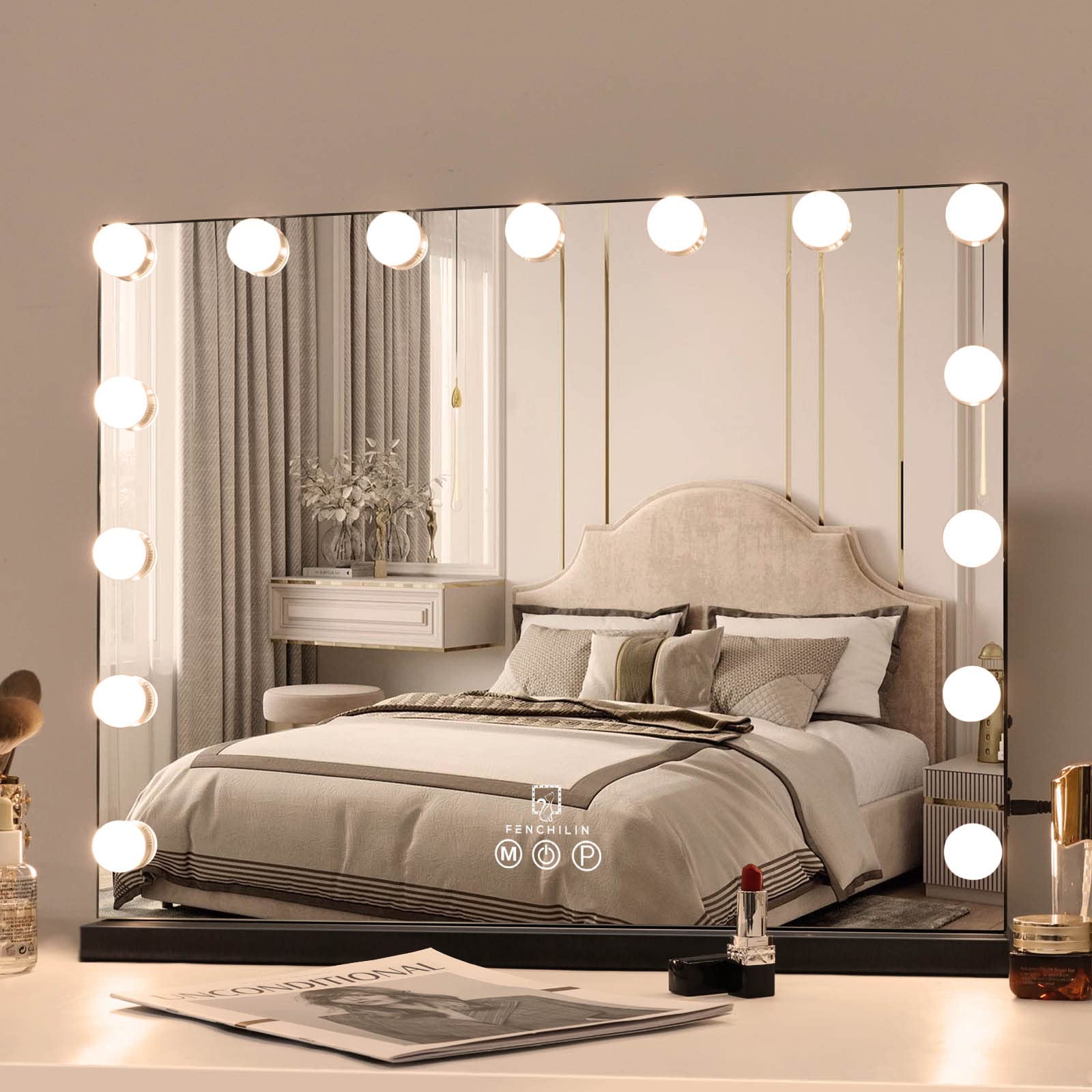 Fenchilin Vanity Mirror With Lights,Hollywood Lighted Mirror With Dimmer Bulbs,Tabletop Or Wall Mounted Vanity Makeup Mirror Sma