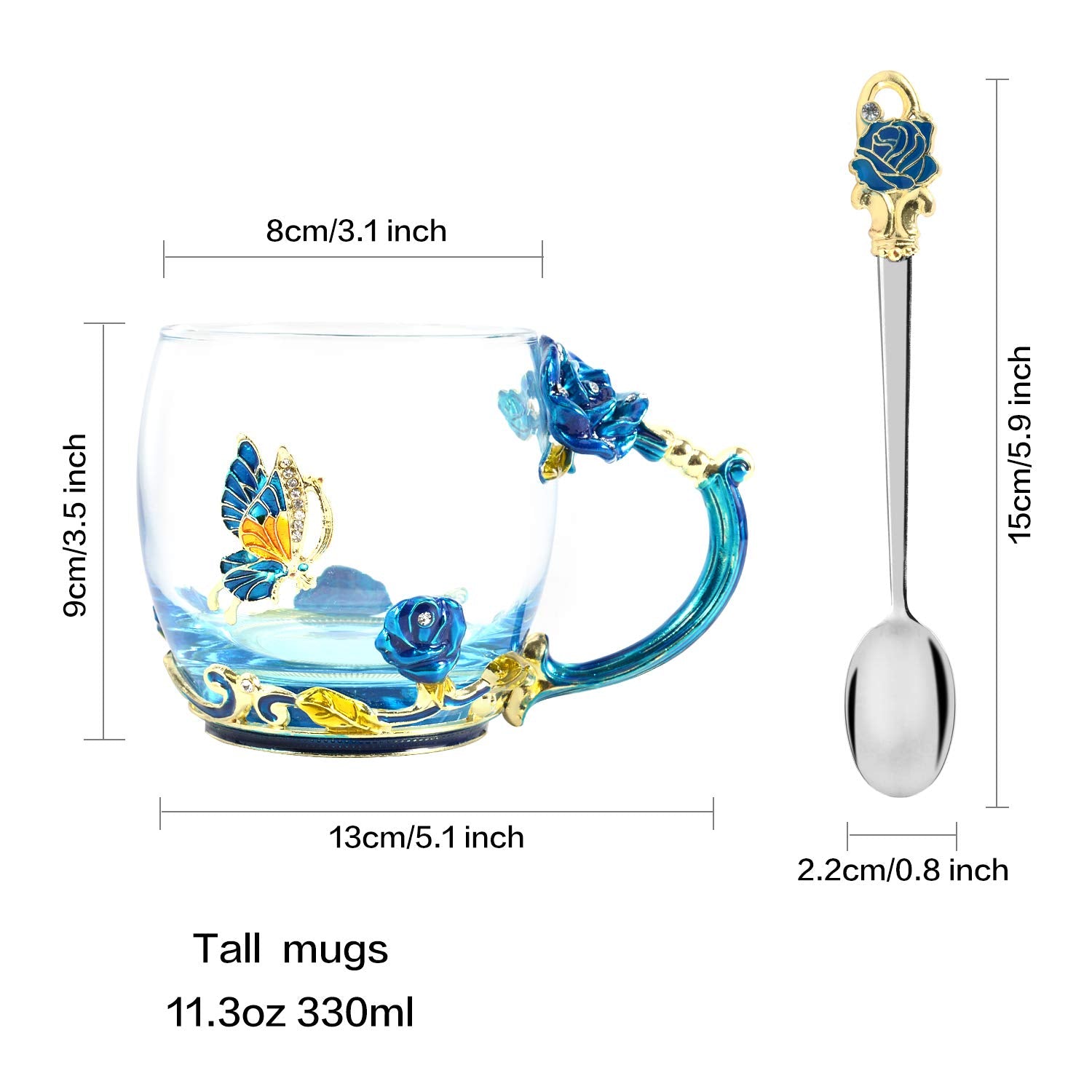 Wobox Tea Mug, Coffee Cup With Spoon Set Clear Glass Handmade Enamel Butterfly Flower,Mother'S Day,Birthday,Christmas Gift(11 Oz
