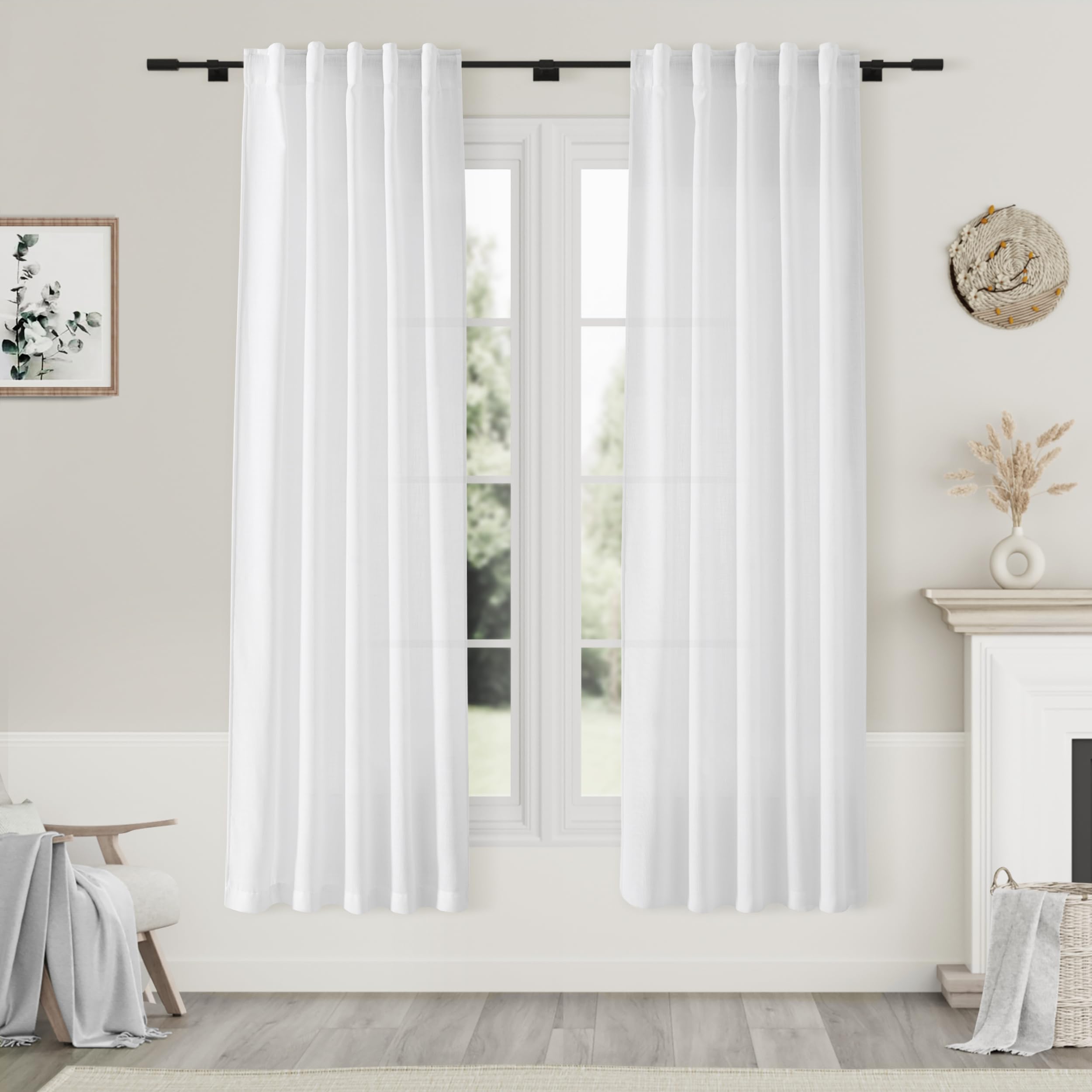 Nanspring White Linen Curtains for Bedroom Thermal Insulating Back Tab Privacy Light Filtering Curtains 2 Panels Set Drapes for 