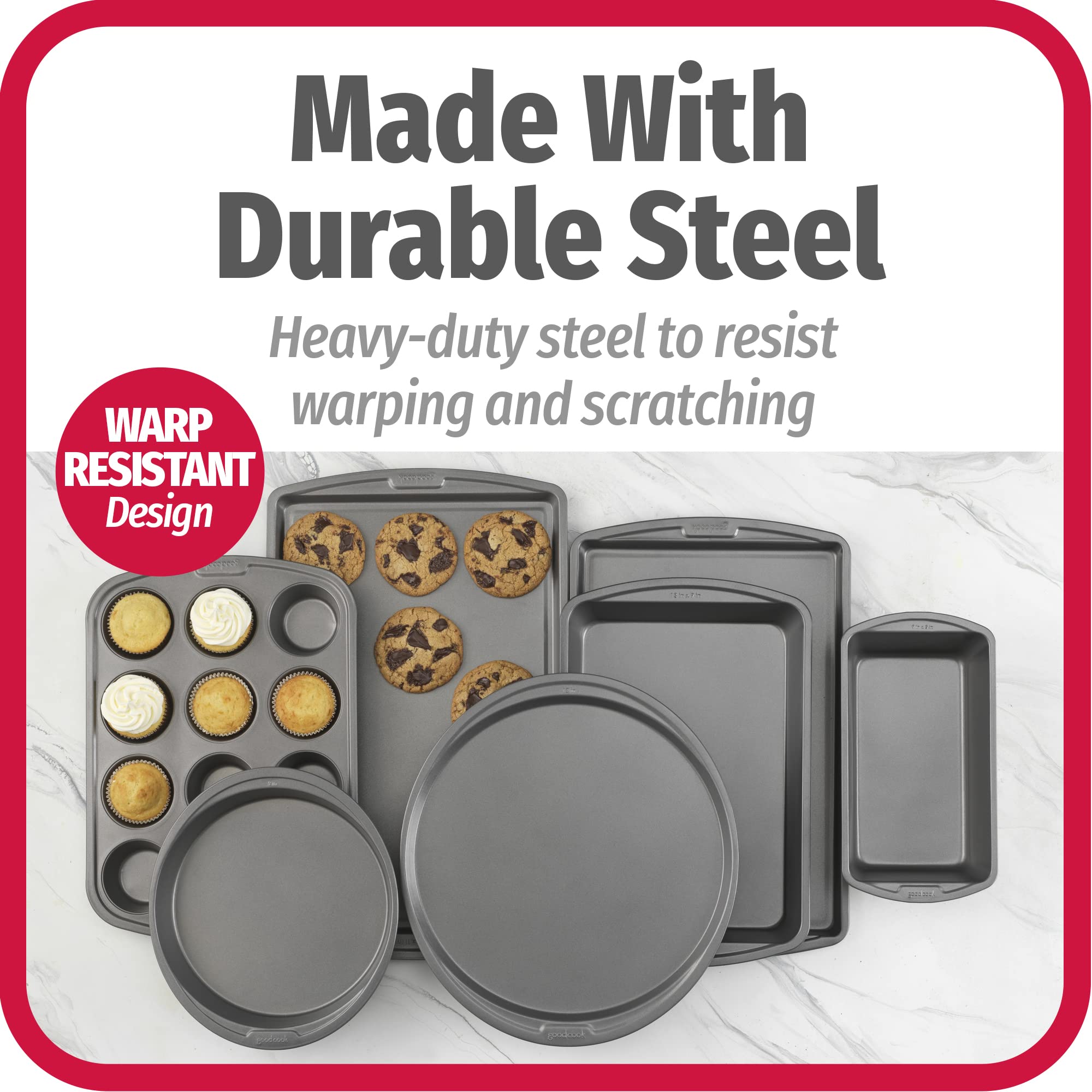 Goodcook Everyday 7-Piece Non-Stick Bakeware Set - 2 Cookie Sheet Pans, Round Cake Pan, Loaf Pan, Pizza Pan, Bake & Roast Pan, 1
