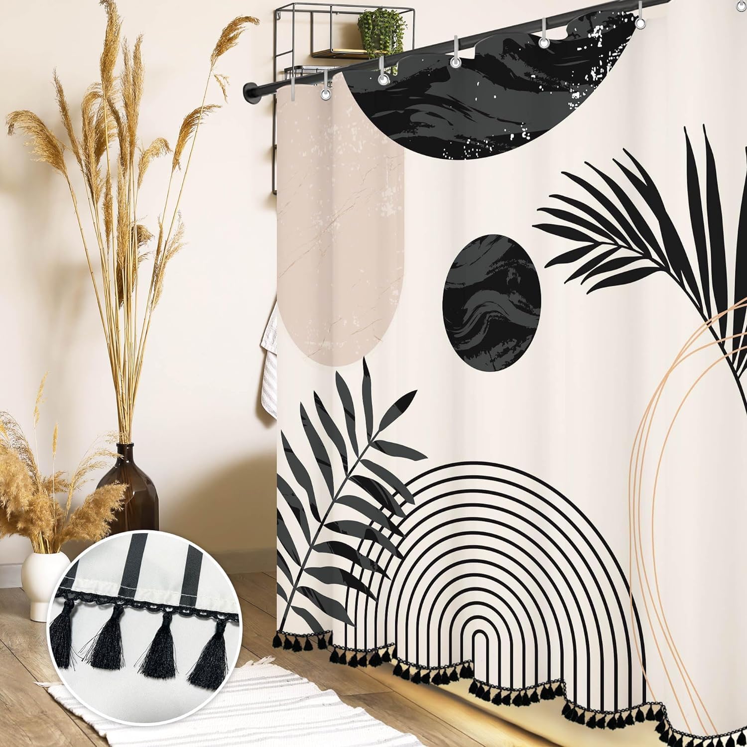 Giumsi 72'' X 84'' Black And White Boho Shower Curtain Set With Blacktassel Accents And Modern Minimalistic Design - Waterproof