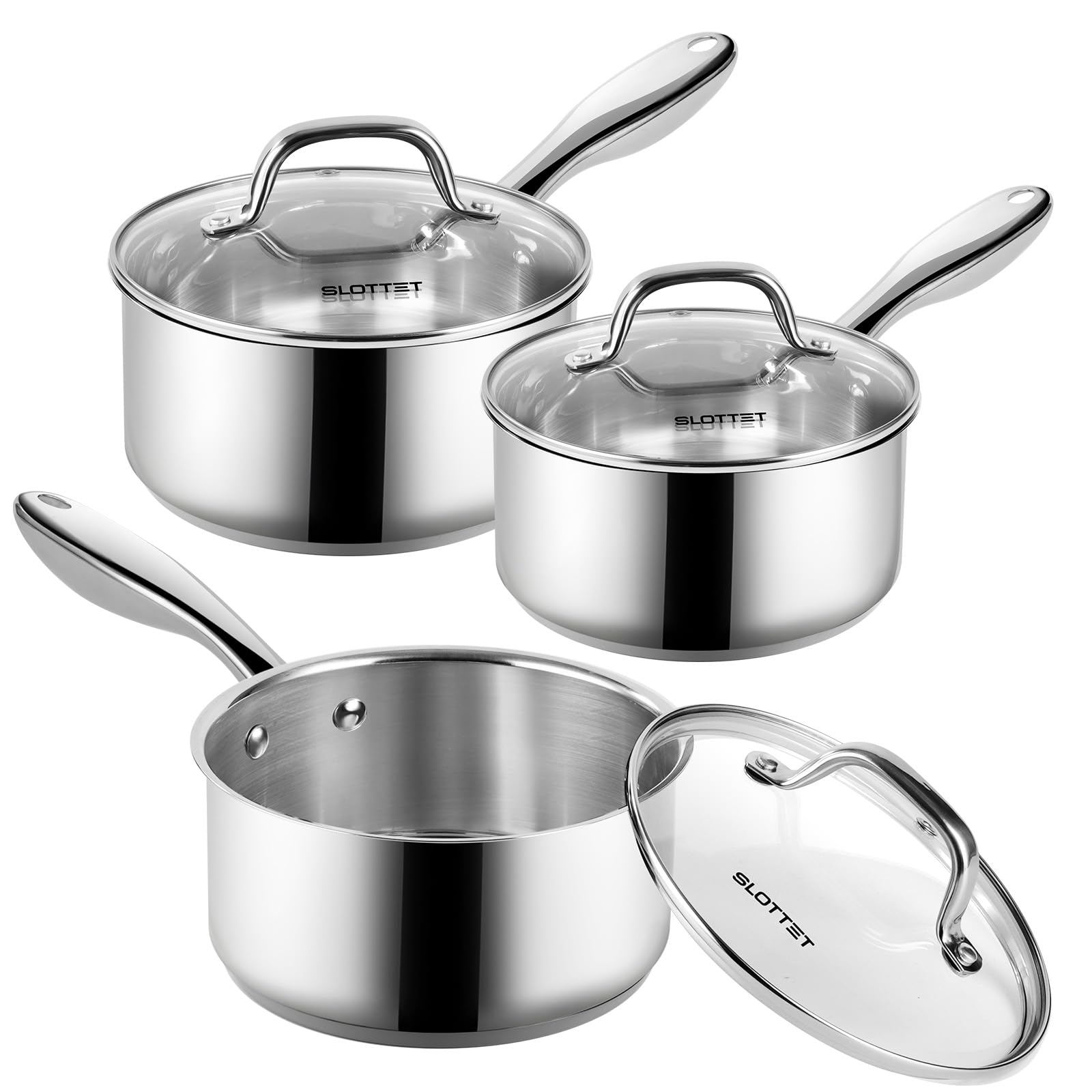 SLOTTET 1Qt & 2Qt & 3QT Stainless Steel Sauce Pan Set with Lid,6 Pcs Non Stick Saucepan,Small Kitchen Pots,Induction Compatible,