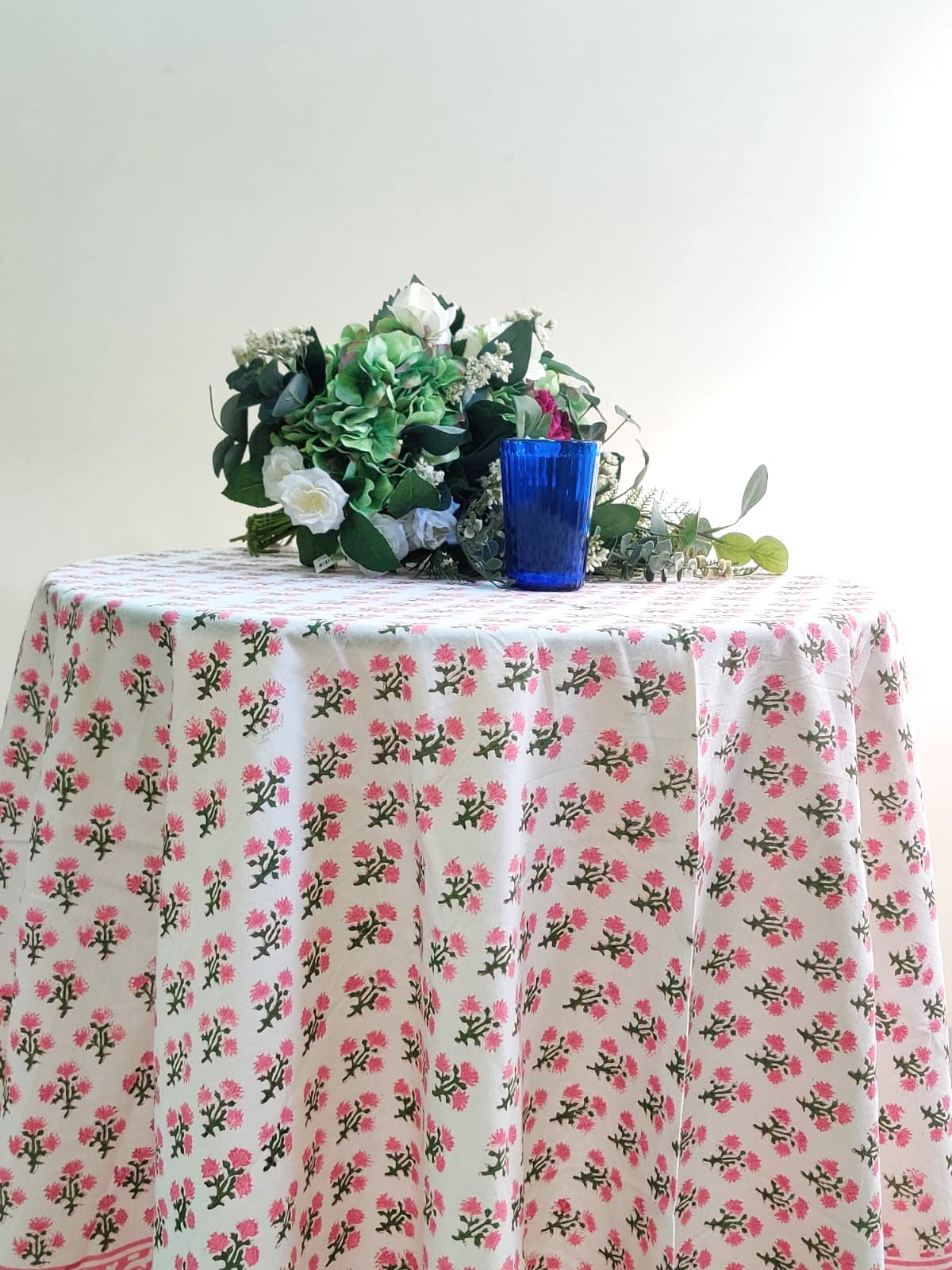 Atosii Gulbahar White Pink 100% Cotton Spring Summer Round Tablecloth, Block Print Table Cloth For Dining, Weddings, Outdoors, P