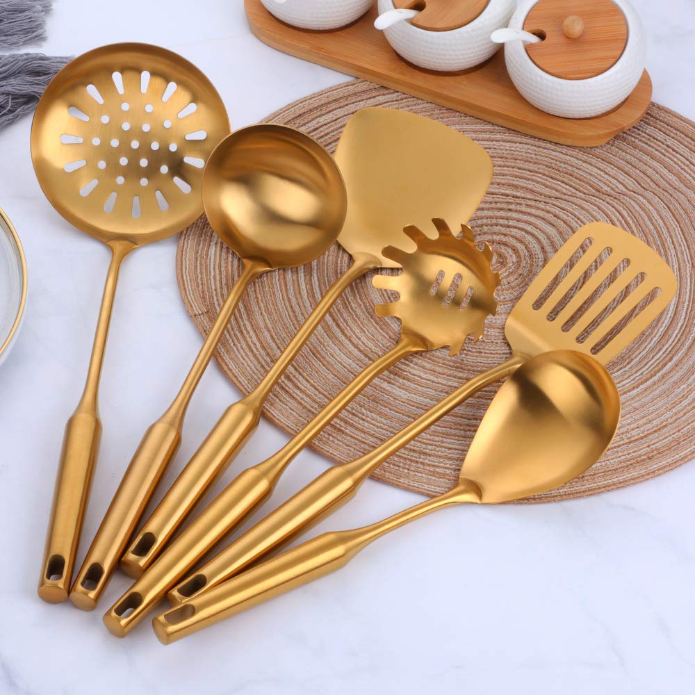 Kitchen Utensil Set -7Pcs Gold 18/8(304) Stainless Steel -Wide Spatula,Soup Ladle,Strainer Ladle,Slotted Spatula,Spaghetti Serve