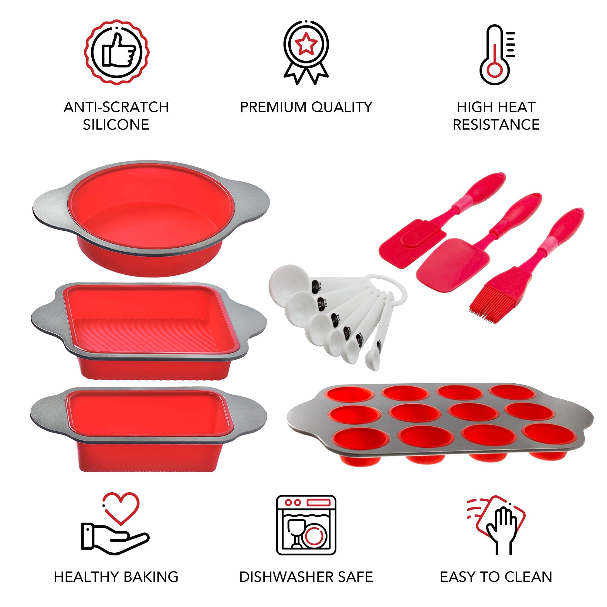 Boxiki Kitchen 13-Piece Non-Stick Silicone Bakeware Set With Cake Pan, Brownie Pan, Loaf Pan, Muffin Mold, Spatulas, Brush, And