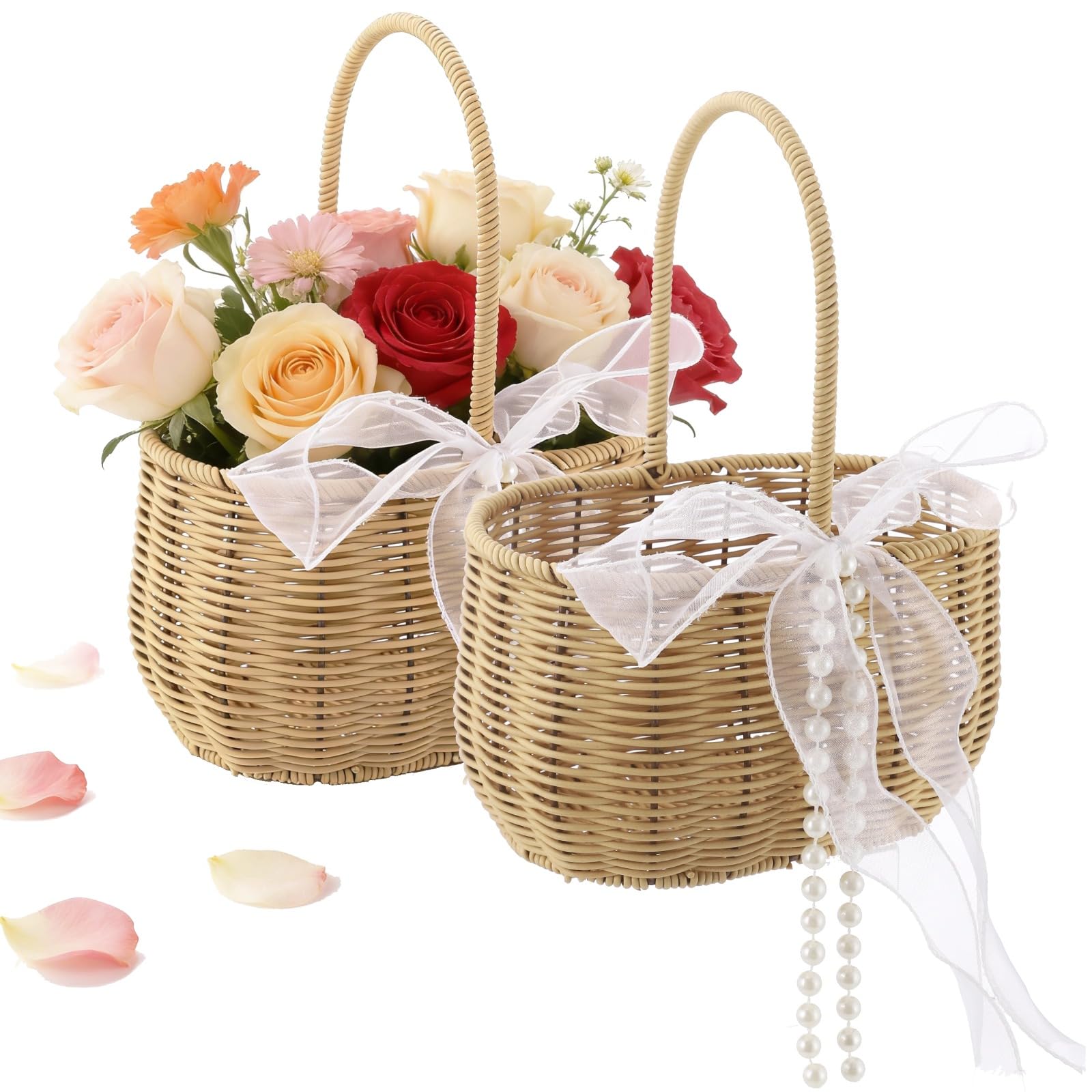 2 Pcs Wicker Flower Baskets, Woven Rattan Wedding Baskets with Pearl Chain and Sheer Bow, Rustic Oval Wicker Petal Holders for C