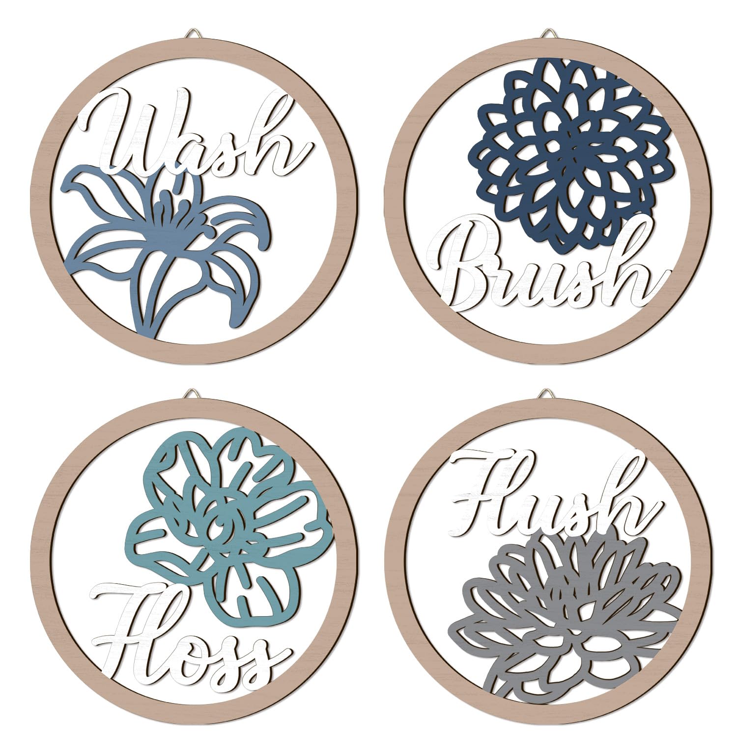 HPNIUB Farmhouse Bathroom Wall Decor, Blooming Floral Wall Art, 4 Pieces 10x10 Wash Brush Floss Flush Rustic Wood Plaque, Fu