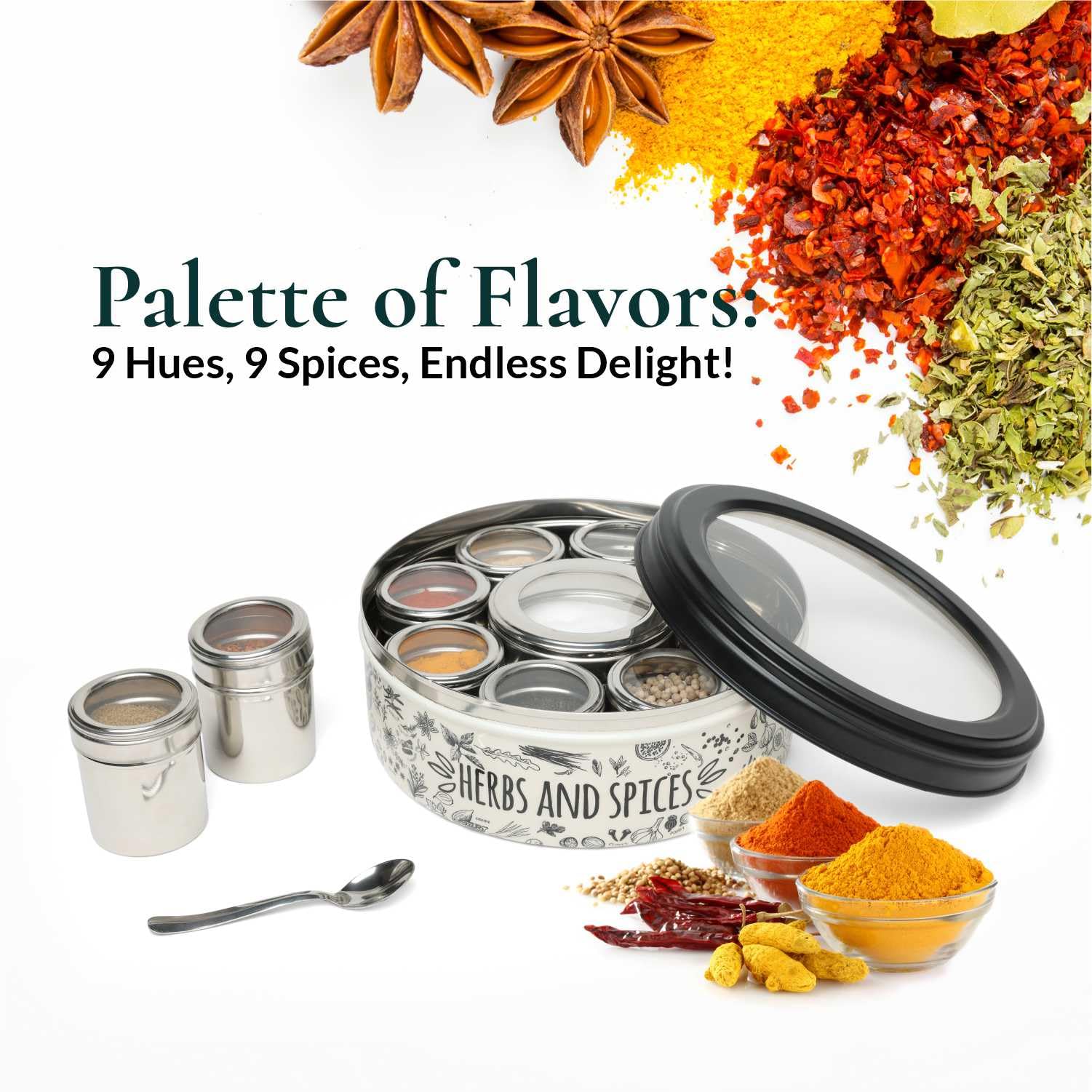 dudki 9 in 1 Herbs & Spice | Stainless Steel Handcrafted Spice Box With Meena Work | Masala Box for Kitchen Steel| See through l