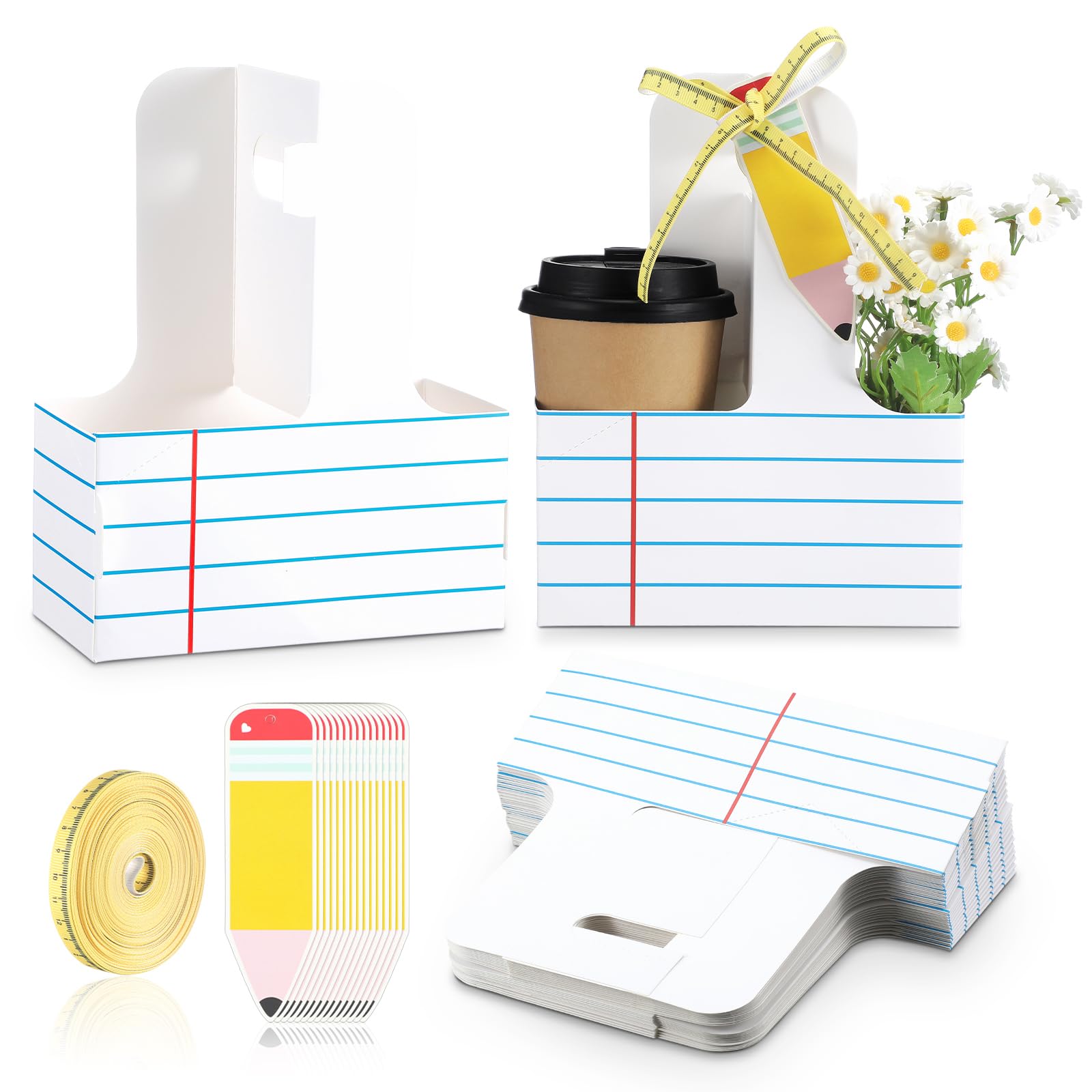 Reallnaive 24 Set Christmas Teacher Appreciation Gifts 2 Cup Drink Carrier with Greeting Card Ribbon Disposable Cup Holders with