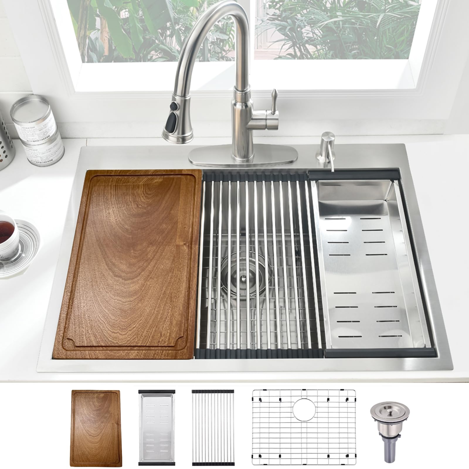 33-Inch Drop In Kitchen Sink Workstation, Boomhoze 33X19 Topmount Drop-In Kitchen Sink 16 Gauge Stainless Steel Kitchen Sink Han