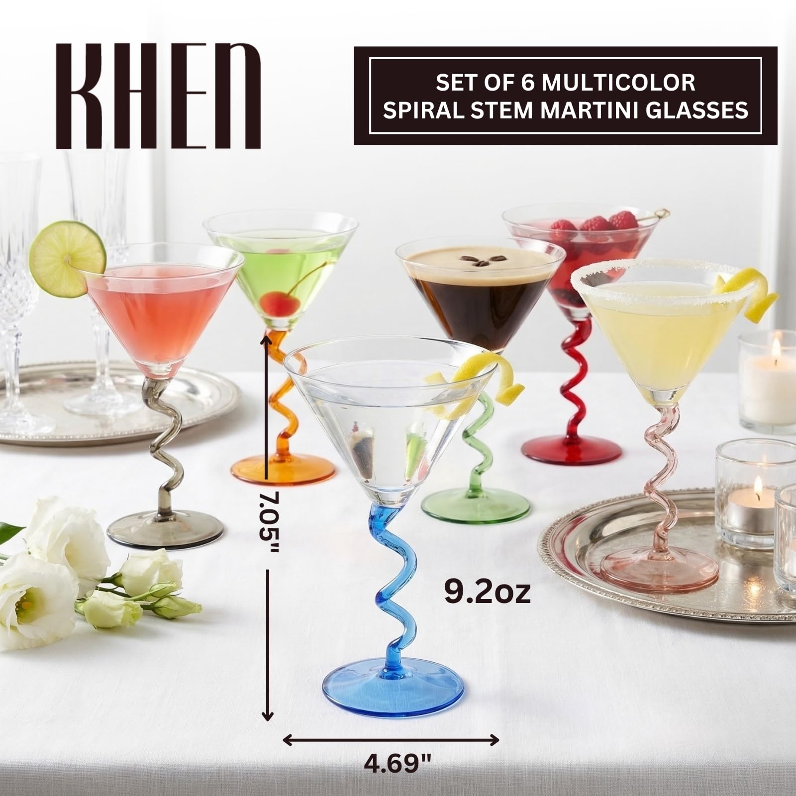 Spiral Stem Martini Glasses Set of 6, 9.2oz 7.05" Multicolor Twisted Base Glass